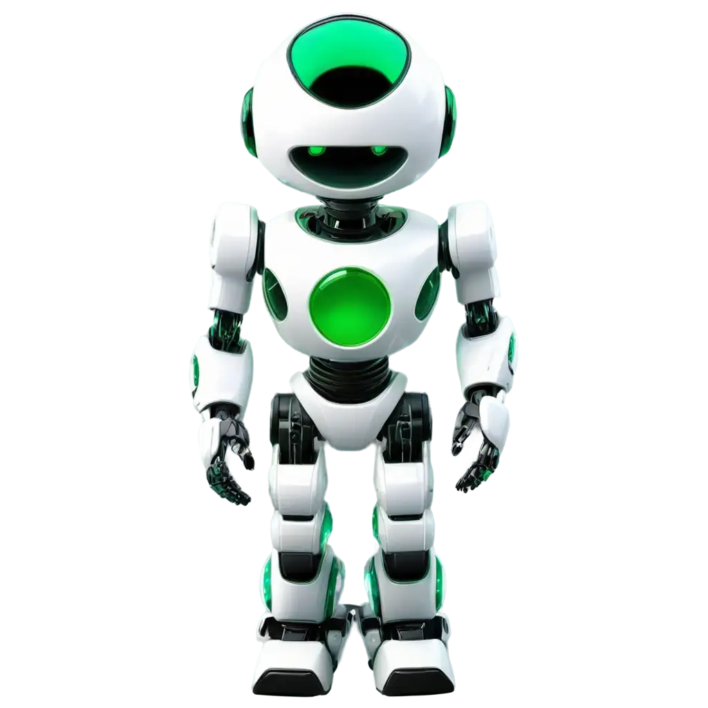 3d realistic robot, use green and white as main colors, with a yellow light bulb above the head