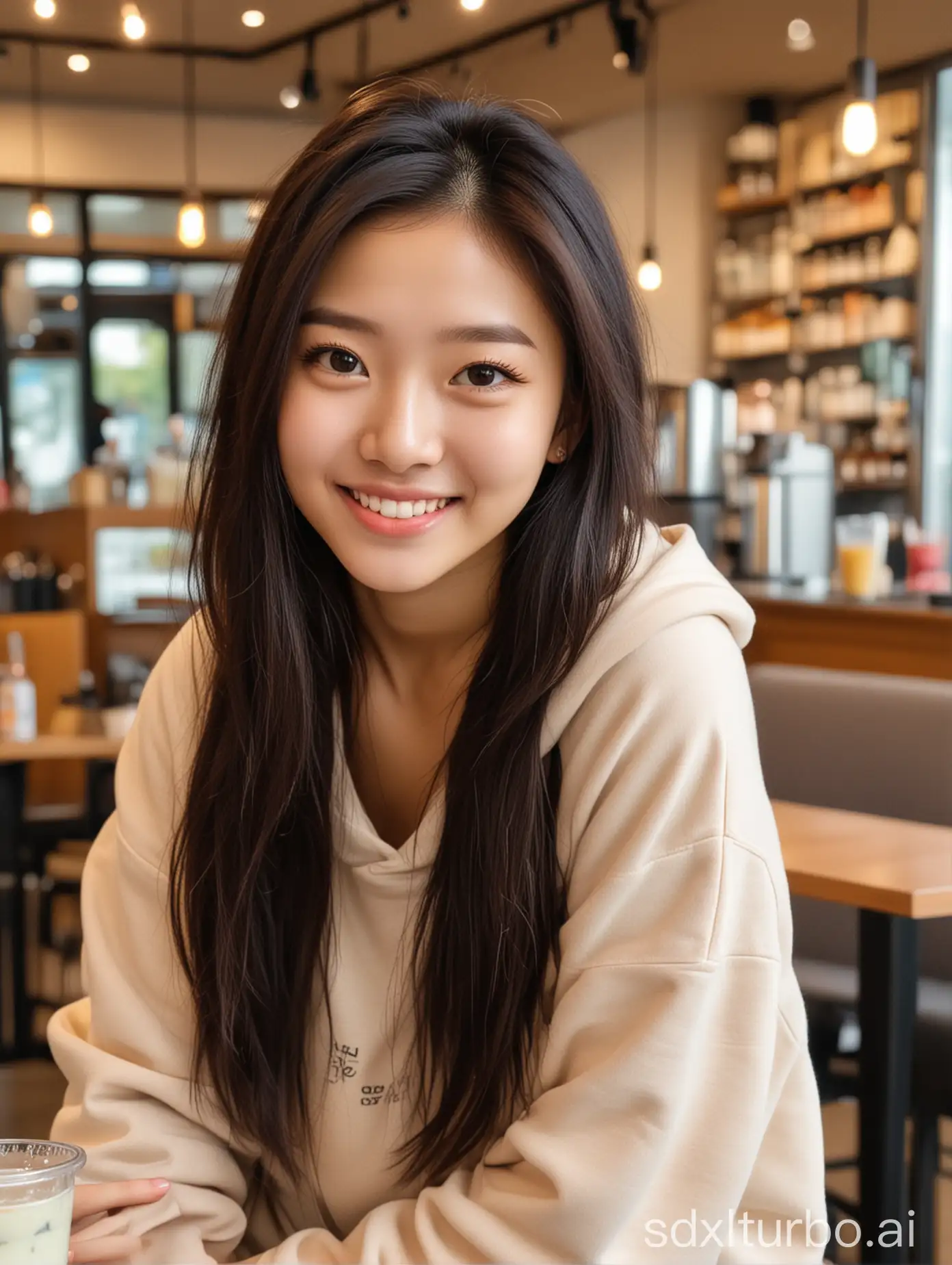 A cute Korean girl, long hair, beige hoodie, in a modern cafe, boba tea, smiling