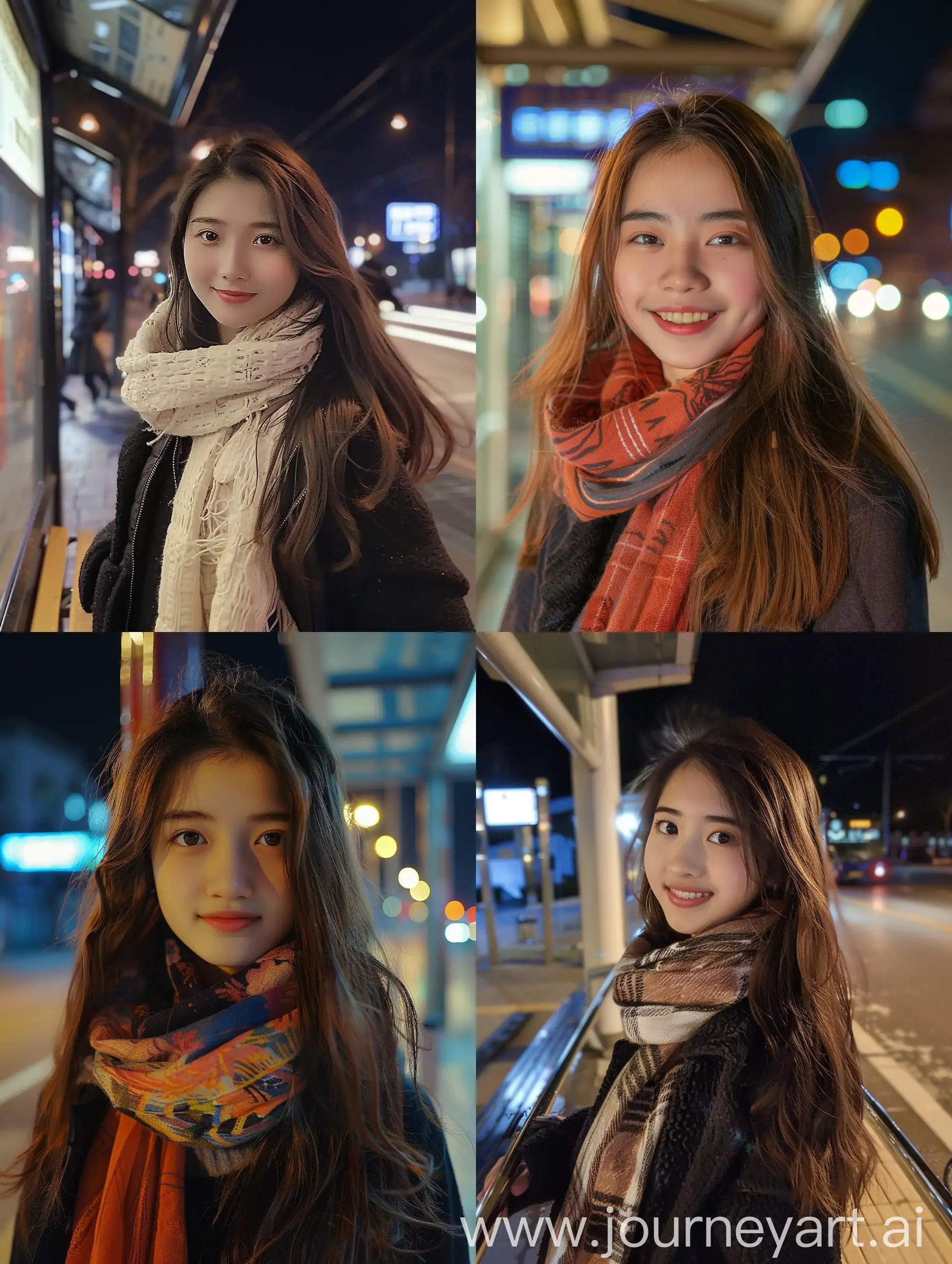 A18 y.o. CHINESE GIRL,solo,scarf,long hair,smile,brown hair, At night,  bus stop,