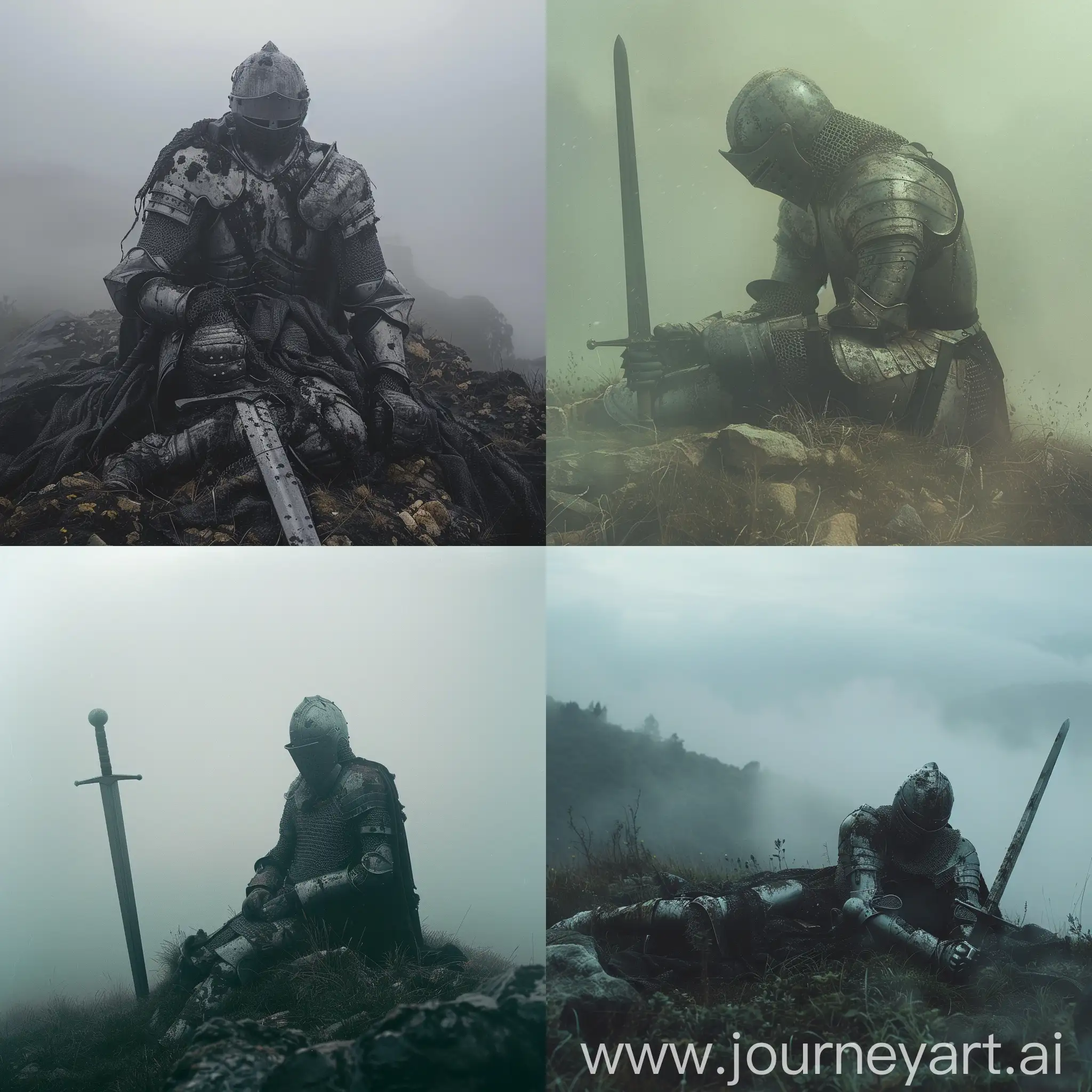 A helmeted knight in greasy armor with a sword lies on a hill shrouded in fog in the style of 80x movies