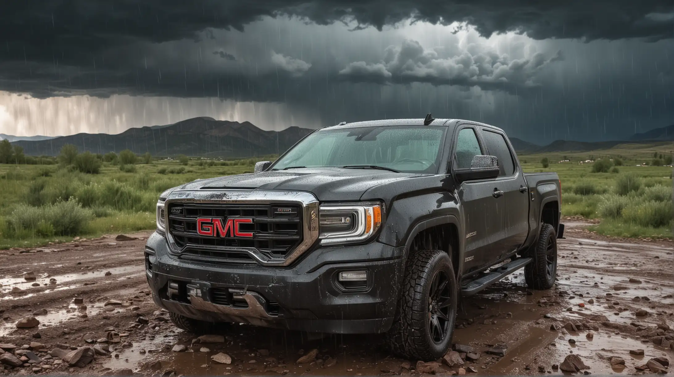 GMC Sierra Truck, car damaged due to hail storm rain, full car in frame shot, colorado mountains background with storming sky