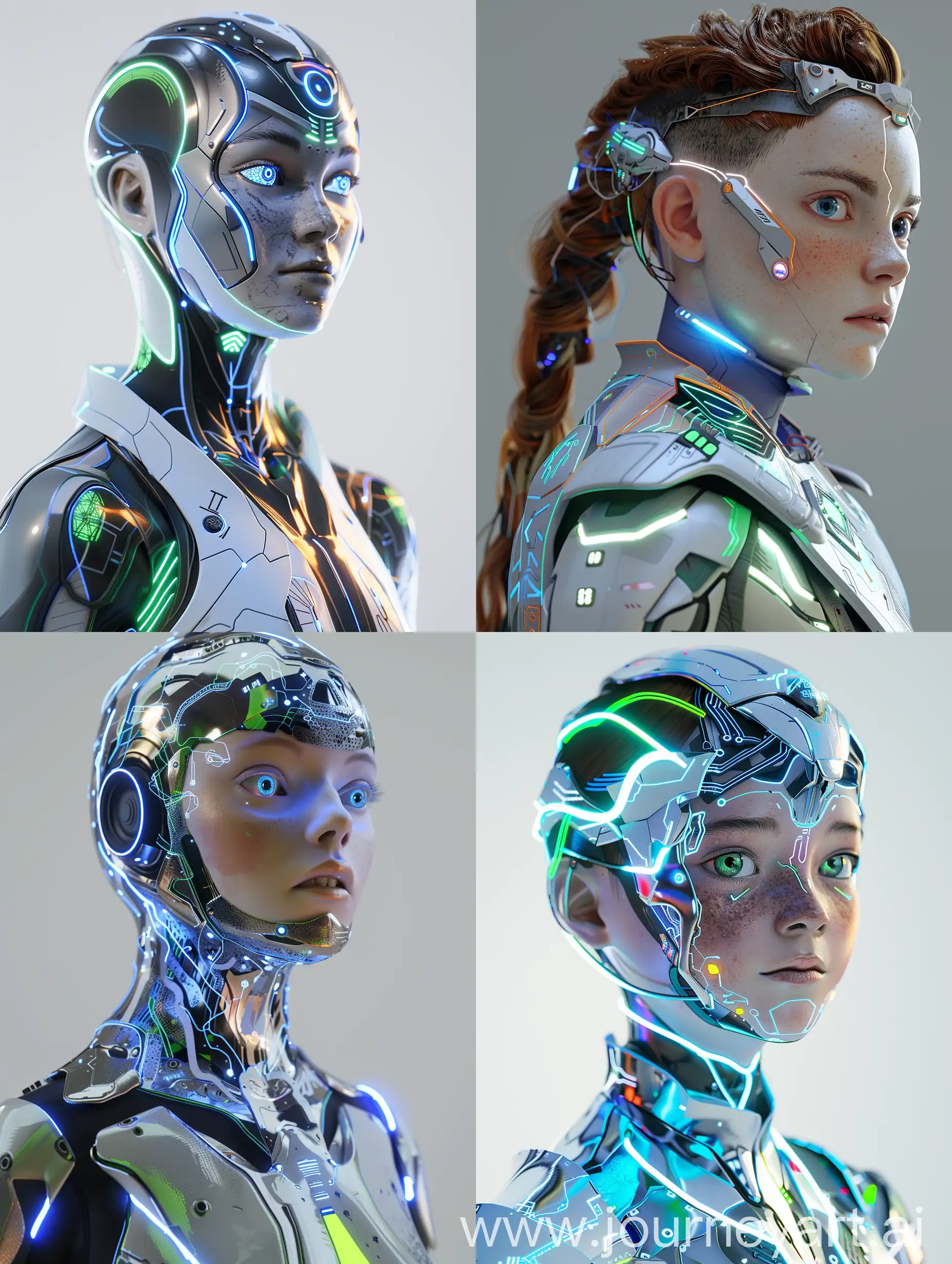 "Create a 3D character named Aurora , inspired by 'Horizon: Zero Dawn' and 'Ghost in the Shell.' Aurora should be an androgynous character representing timeless wisdom and youth, with a futuristic humanoid appearance blending natural elements. Use a color palette of metallic silver (#C0C0C0), deep blue (#1E3A8A), neon blue (#00FFFF), neon green (#39FF14), and bioluminescent soft white (#F5F5F5). Aurora's face should have sleek, expressive eyes with subtle technology integration, and the body should feature an elegant, streamlined design with bioluminescent elements and nature motifs. Include subtle technological enhancements like glowing circuits. Ensure the design is visually appealing in both light and dark modes, and implement smooth, precise movements with glowing pulses to reflect thought and creativity."