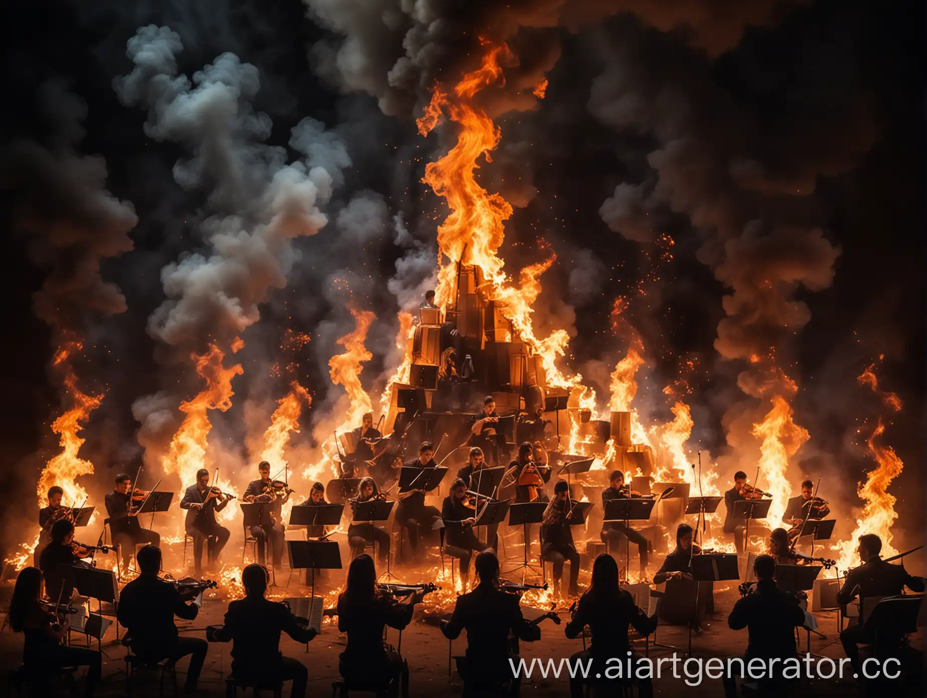 an orchestra merging with the flames, notes or musical instruan orchestra merging with the flames, notes or musical instruments on firements on fire in dark style and smoke