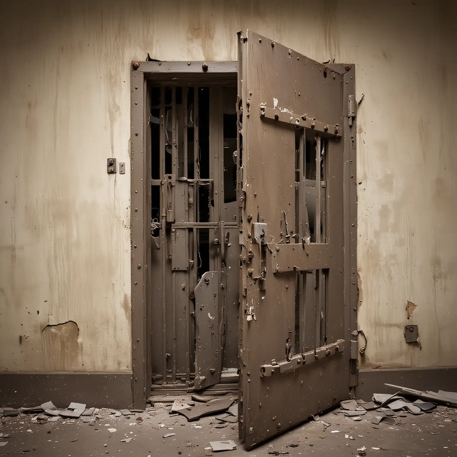 Jail cell with steel door ripped from its hinges