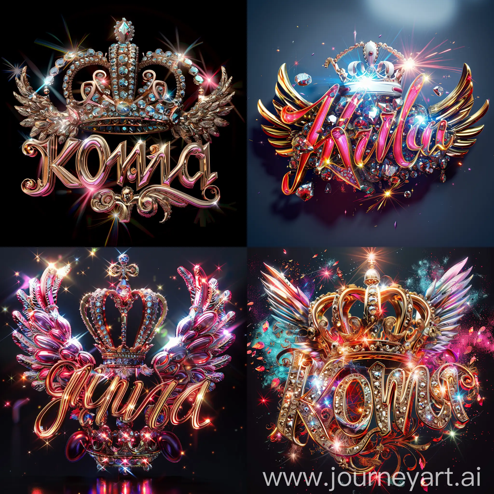 Elegant 3D typography with the name. "KONE FATIMA LALIBANAISE" with an elegant crown and fine diamonds with sparkles of bright colors and angel wings, photo, typography, vibrantv0.1, graffiti, illustration, photo, product, fashion, poster