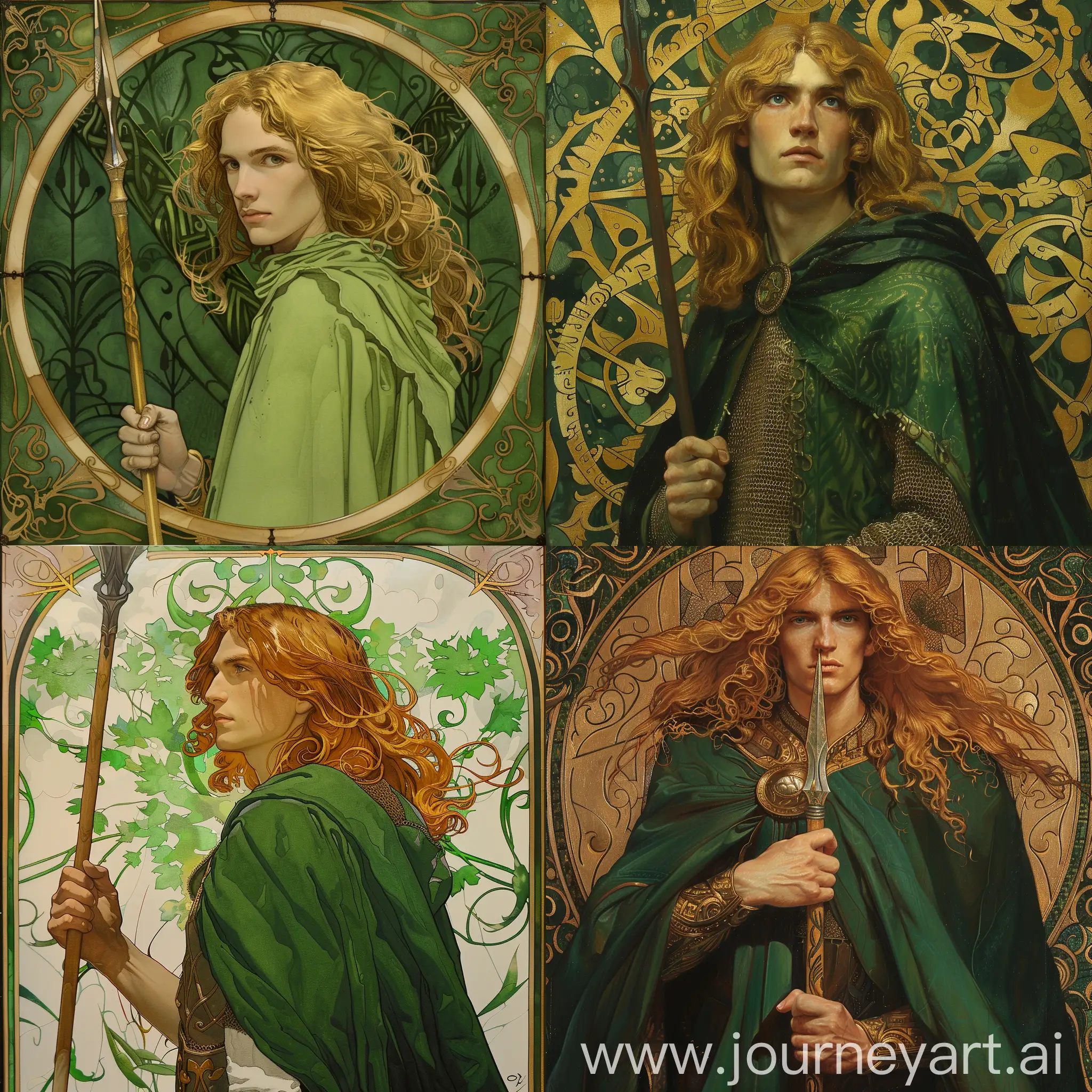 Young man with long golden hair, in the green mantle, with spear, art nouveau