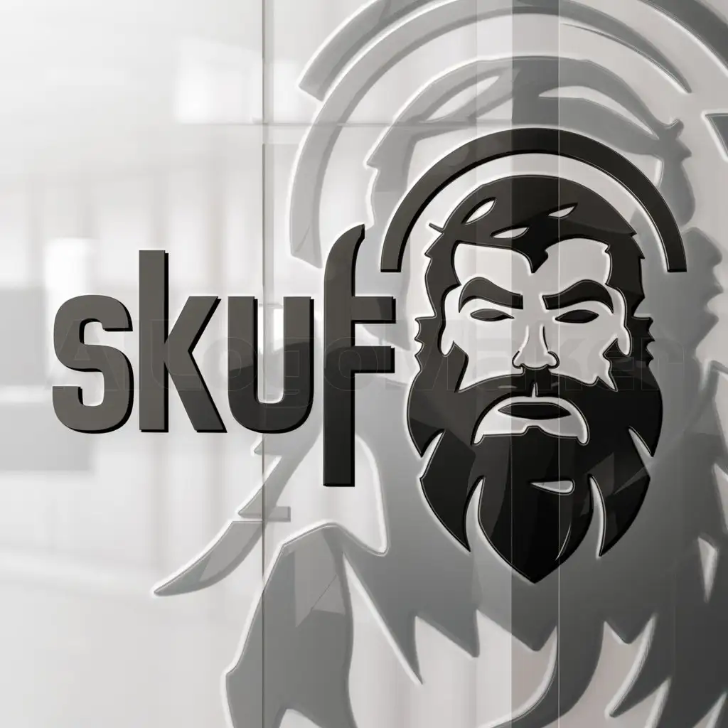 a logo design,with the text "Skuf", main symbol:bearded man,complex,clear background