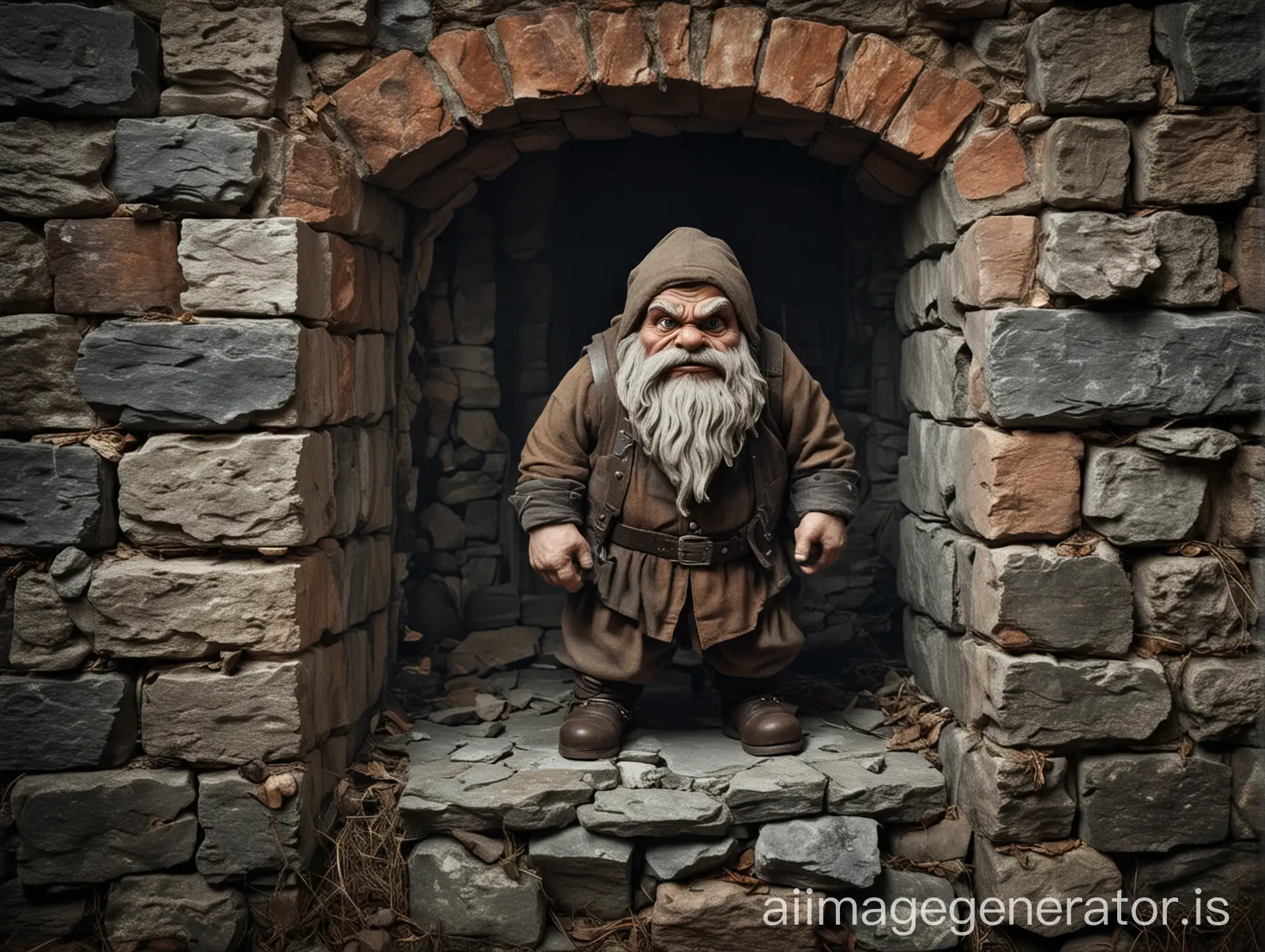 An old scary house spirit.  It's a dwarf. Stone bricks at the background.