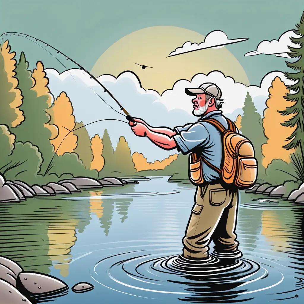 Colorful Cartoon Drawing of a Fly Fisherman Casting His Line in the Air
