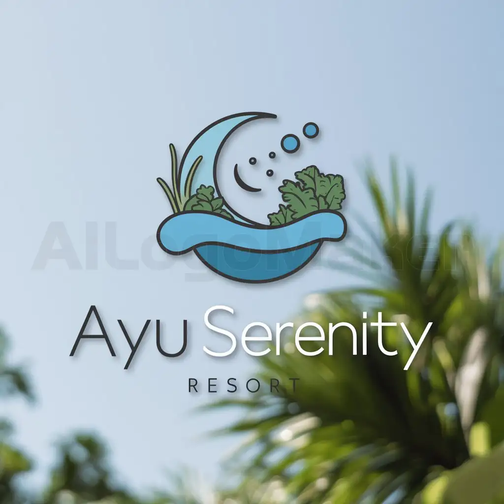 a logo design,with the text "Ayu Serenity Resort", main symbol:water, crescent moon and natural scenery,Moderate,be used in Home Family industry,clear background