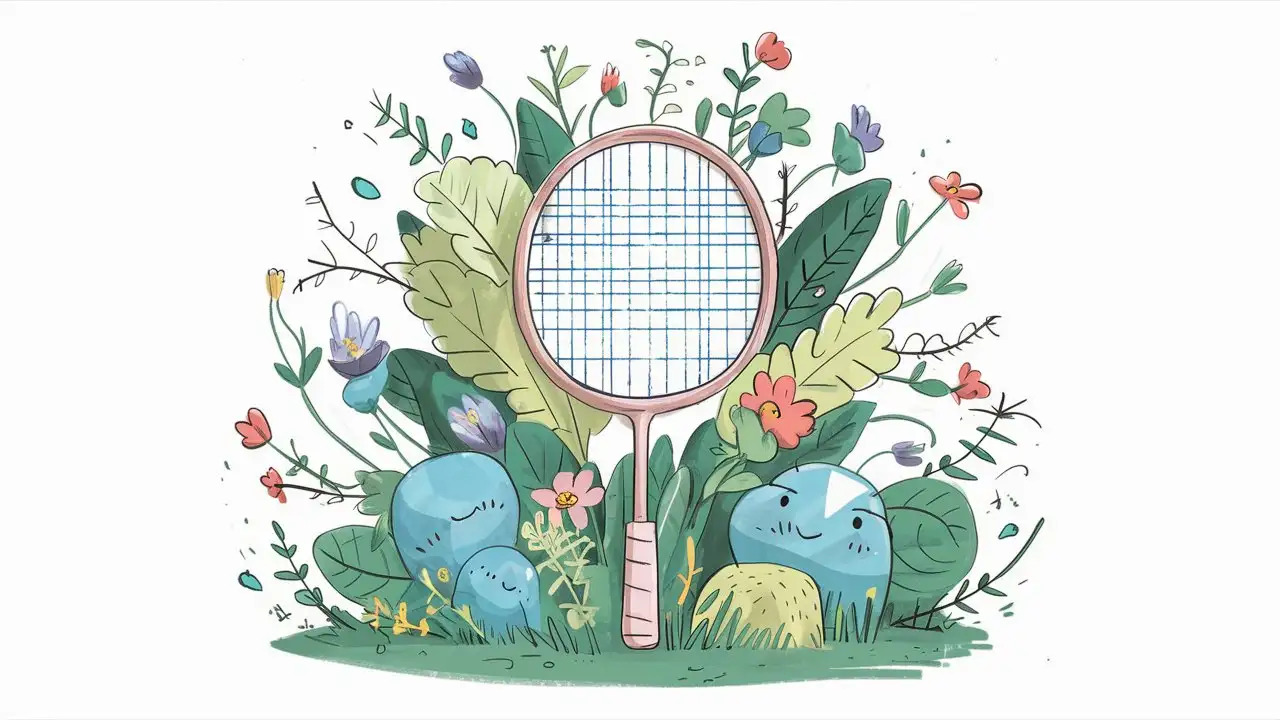 Vector Illustration of Adorable Plants and Flowers Surrounding Badminton Racket