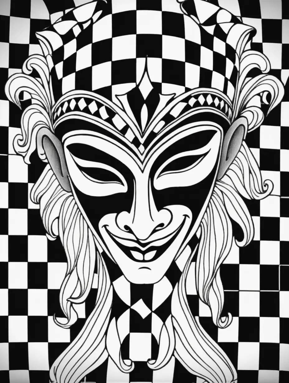 adult coloring book page, harlequin, jester mask, trippy psychadelic abstract checker background, high contrast, black and white, thick outline