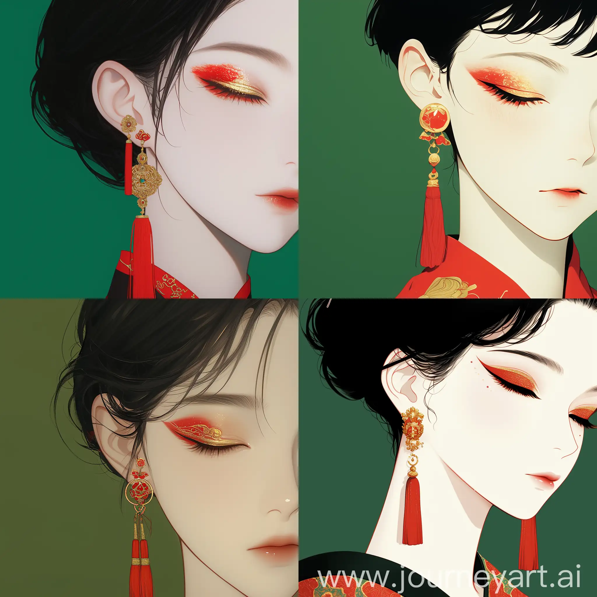 Theme: Beautiful anime girls, delicate face, closed eyes, red eye shadow, gold eyeliner, slender eyebrows, Red tassel earrings with gold pattern, black hair environment: green background, Contrast with women's attire Medium and Style: Classical Art Style, Emphasis on details and color Lighting and color: Highlight facial features and clothing details, Red and gold represent luxury, Green background for contrast. Point of view and composition: headshot., Focus on the woman's face and upper body, Simple background highlights the subject, high detail, super details, Triadic colors --niji 6 --style raw