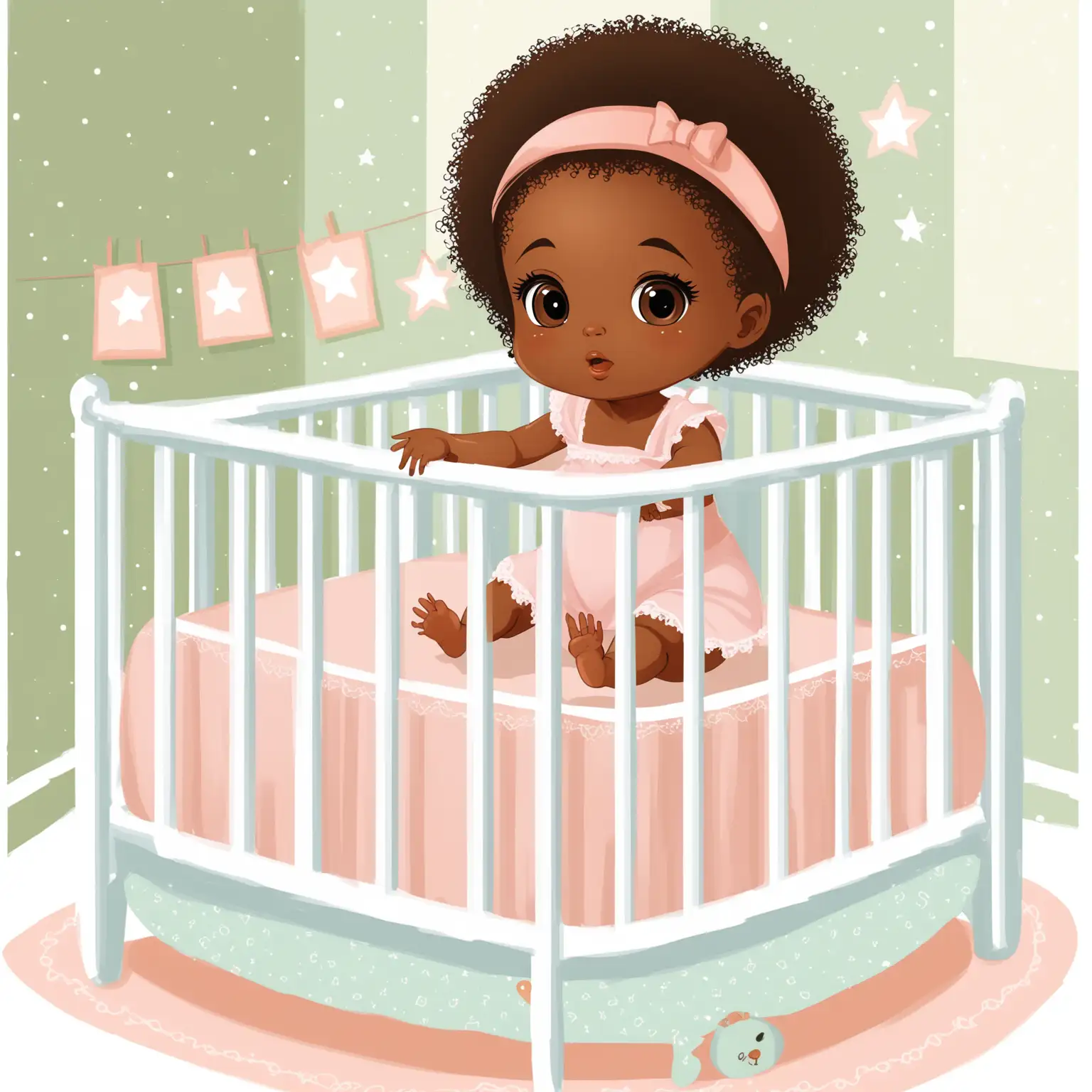 African American Baby Girl in Crib with Vector Illustration