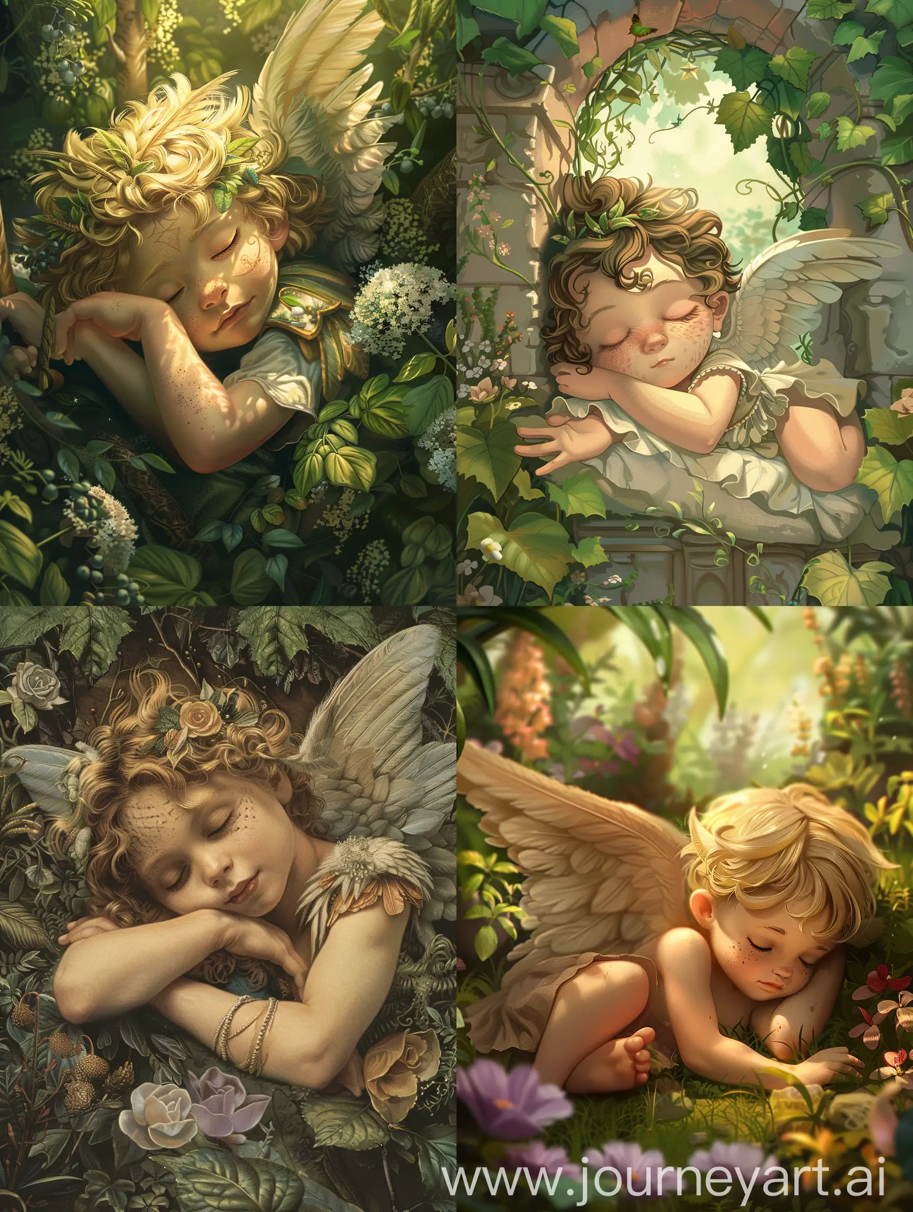 Cute-Roman-Angel-Sleeping-in-Enchanting-Magical-Garden
