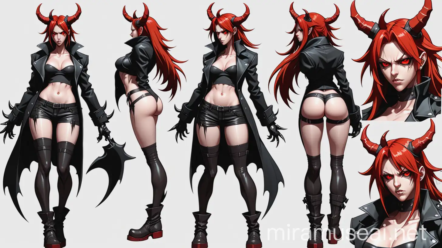 Perfect face, Guilty Gear game concept art style, character reference sheet, pale-skinned, red-haired, half-demon girl, with little horns and demon tail, full body pose, wearing black ripped leather long coat with black top and shorts with thigh high fisnet socks and higheels boots.