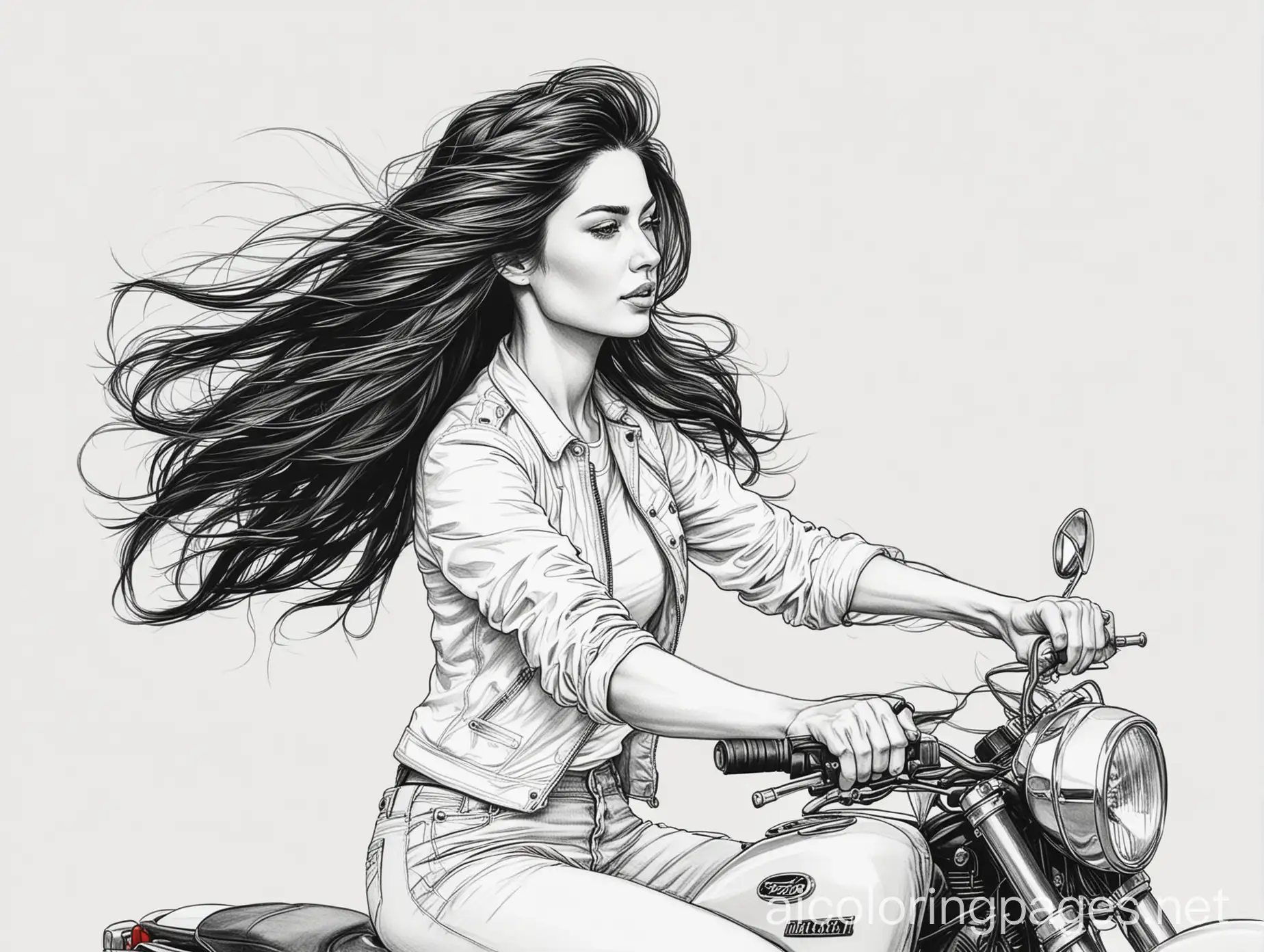Portrait of a woman in profile riding a motorbike without a helmet, the wind ruffling her dark hair, Coloring Page, black and white, line art, white background, Simplicity, Ample White Space.
