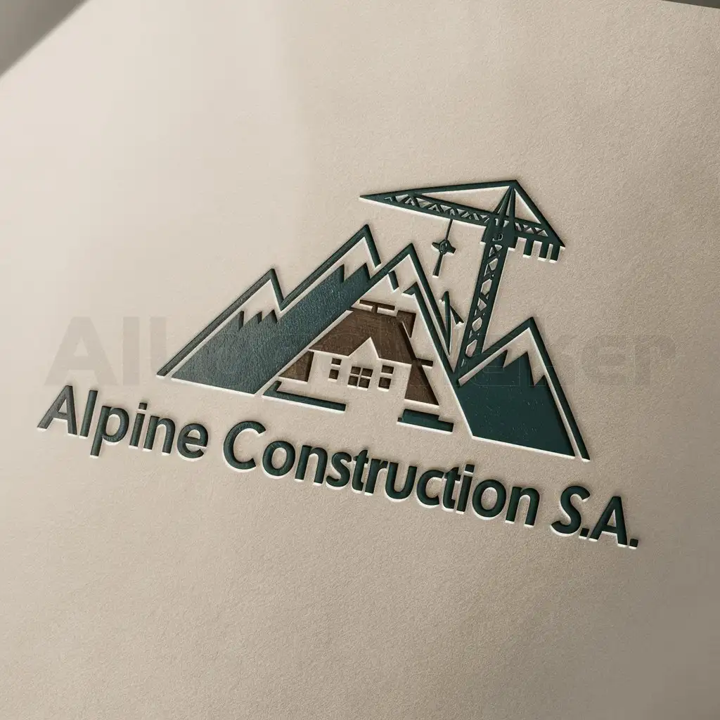 a logo design,with the text "Alpine Construction SA", main symbol:montagne avec un chalet et une grue,Moderate,clear background