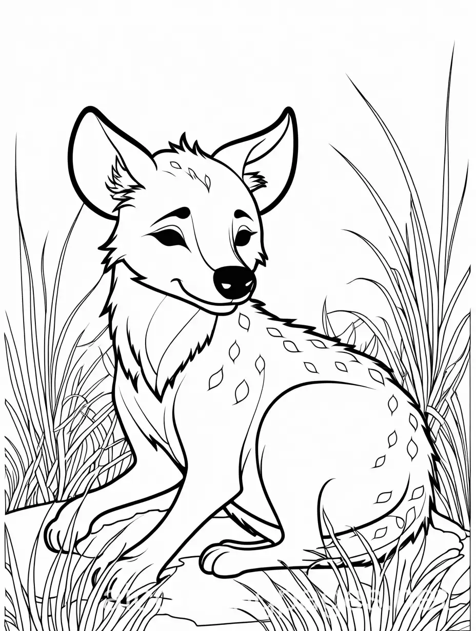 cute happy  hyena, sleeping  cartoon, in the grass, Coloring Page, black and white, line art, white background, Simplicity, Ample White Space. The background of the coloring page is plain white to make it easy for young children to color within the lines. The outlines of all the subjects are easy to distinguish, making it simple for kids to color without too much difficulty