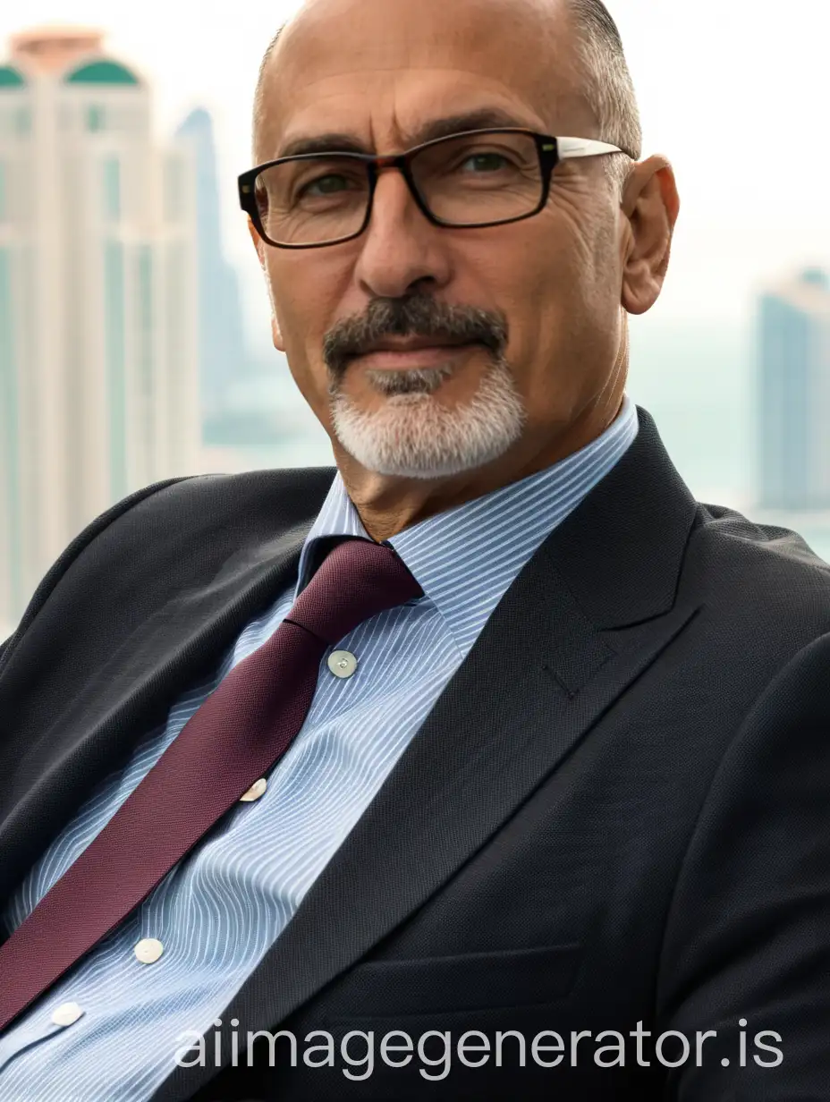 beautiful elegant Jewish businessman 53 years old green eyes no hair on head look direct to camera wearing Armani classical casual suit with Stripes and sitting business lounge balcony Panama City skyscraper top floor to sunrise sea view in windows