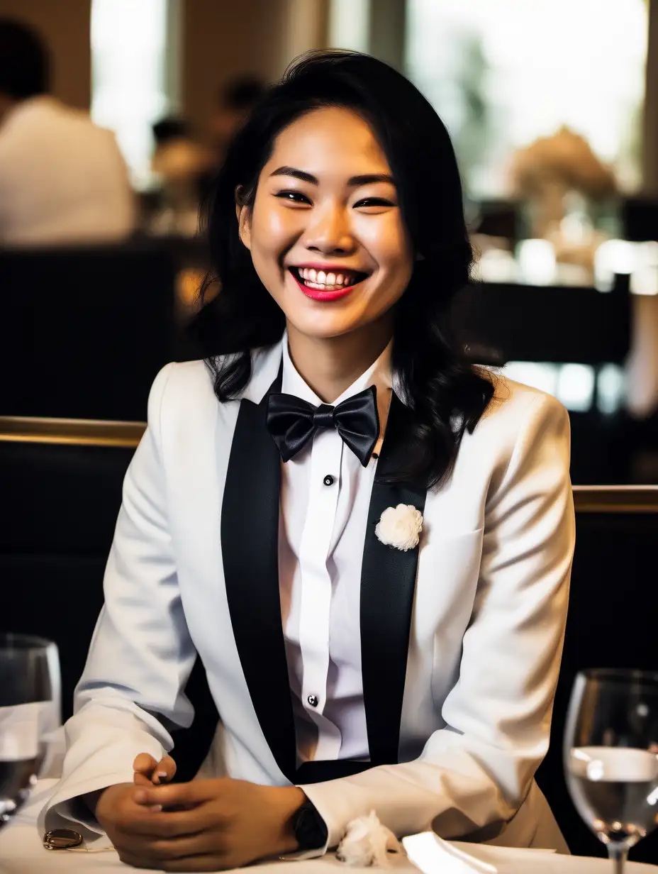 A smiling and laughing 30 year old Vietnamese woman with shoulder length hair and lipstick sitting at a dinner table.  She is wearing a tuxedo. (Her shirt is white. Her bowtie is black. Her shirt buttons are black and shiny. Her cufflinks are black.). She is relaxed. Her jacket is open.Her jacket has a corsage.