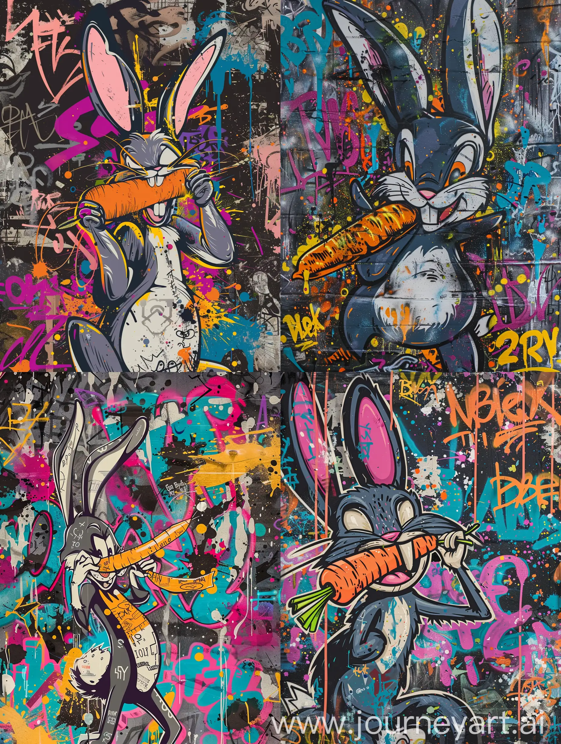 flat illustration graffiti on cava:2, Fantasy illustration of bugs bunny eating a carrot, graffiti, traditional vibrant, urban, detailed, tag, background full of dark paint splash and graffiti text, random sized graffiti text all over typography:2, urban, neo futuristic, scary galaxy, canva texture