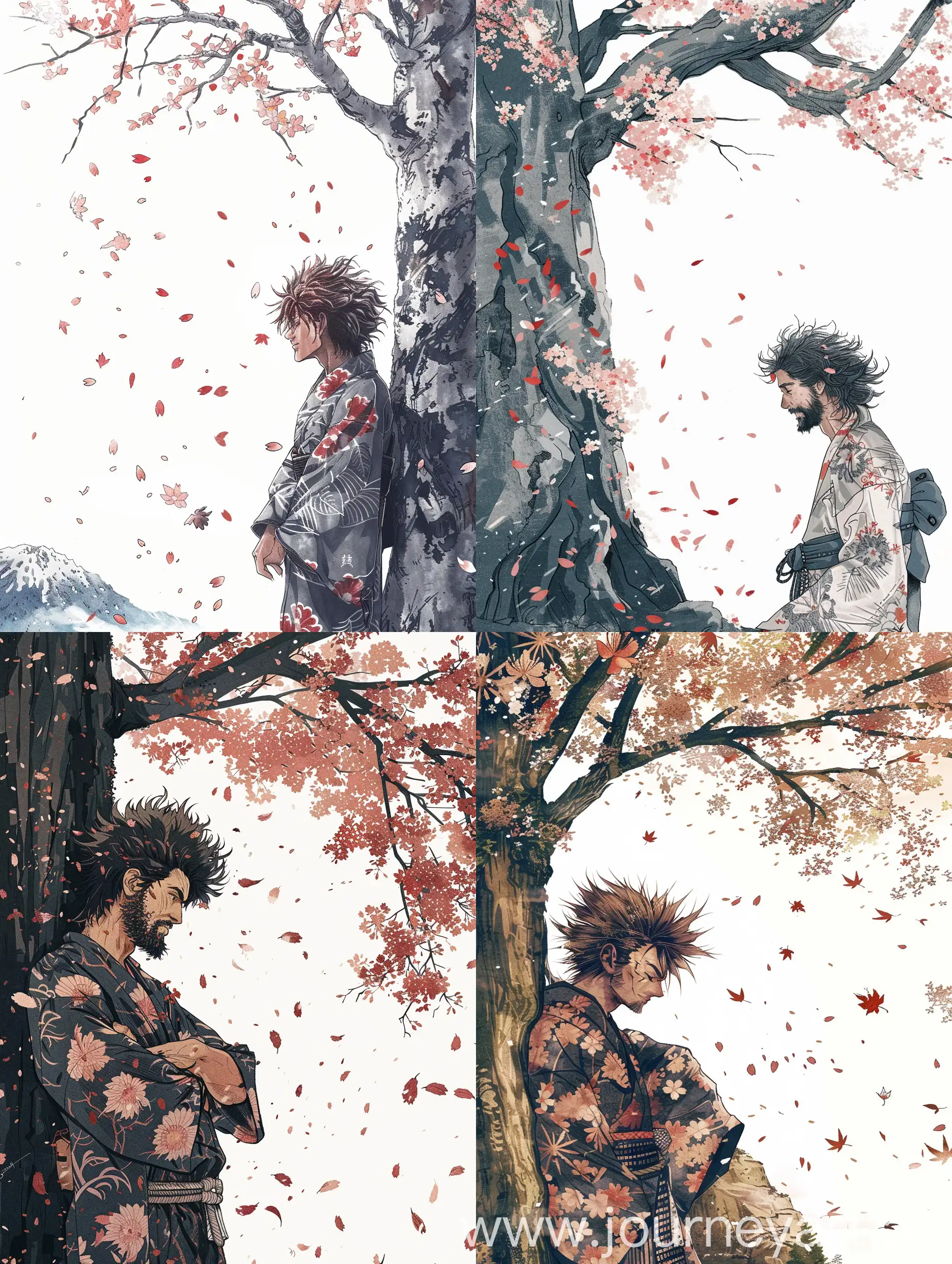 Cherry blossoms in the mountains, ((Japanese lumberjack)) in kimono, lumberjack leaning against a tree with bushy hair, cherry blossom leaves falling on white background