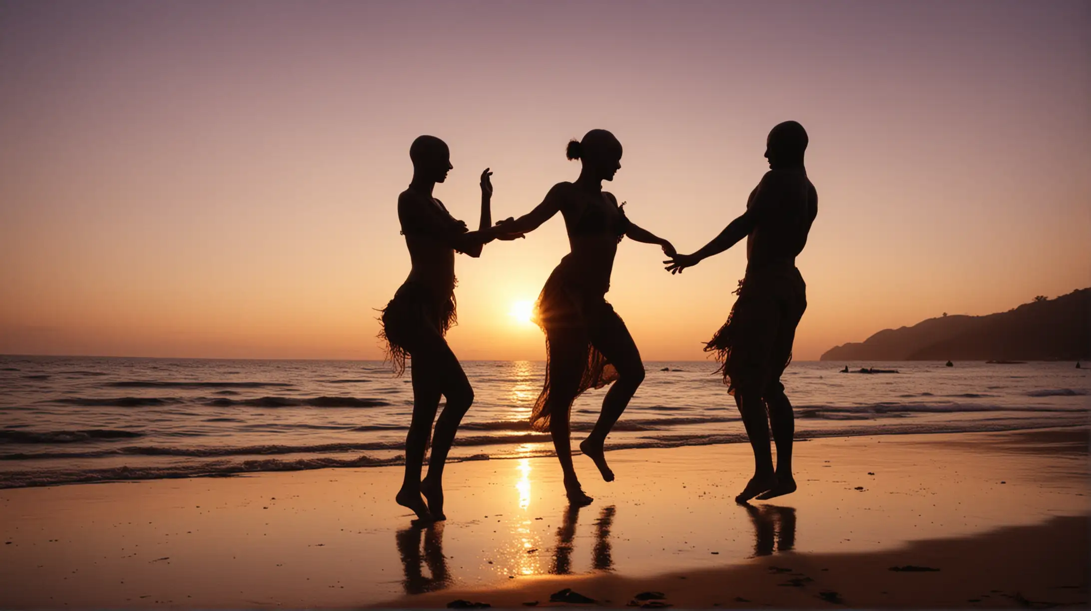 Silhouettes of Man and Women Dancing on Exotic Beach at Dusk