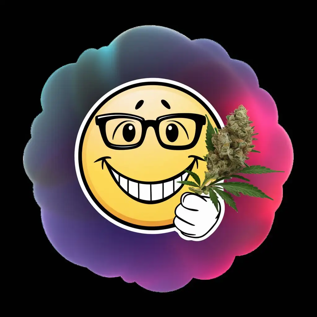 Круглый весёлый смайл улыбается в чёрных очках и держит ветку марихуаны в руке, рядом вокруг в градиентовом цвете сине фиолетово розовое облако