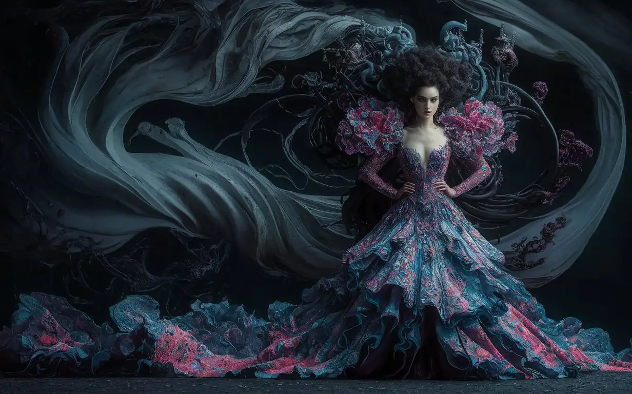 A visually stunning and surreal masterpiece that seamlessly combines photography, 3D rendering, painting, illustration, graffiti, cinematic, poster, fashion, and dark fantasy elements. The central character is an enigmatic woman, clad in a breathtakingly vibrant, ethereal gown featuring intricate floral patterns. She stands confidently against a swirling, dark backdrop, with tendrils of smoke and darkness entwining around her mesmerizing form. Her intense, smoky eyes seem to gaze deeply into the viewer's soul. The harmonious blend of vivid colors, striking contrasts, and intricate details creates a captivating visual narrative that transports the viewer into an otherworldly realm., vibrant, dark fantasy, poster, illustration, fashion, photo, painting, cinematic, 3D render, graffiti