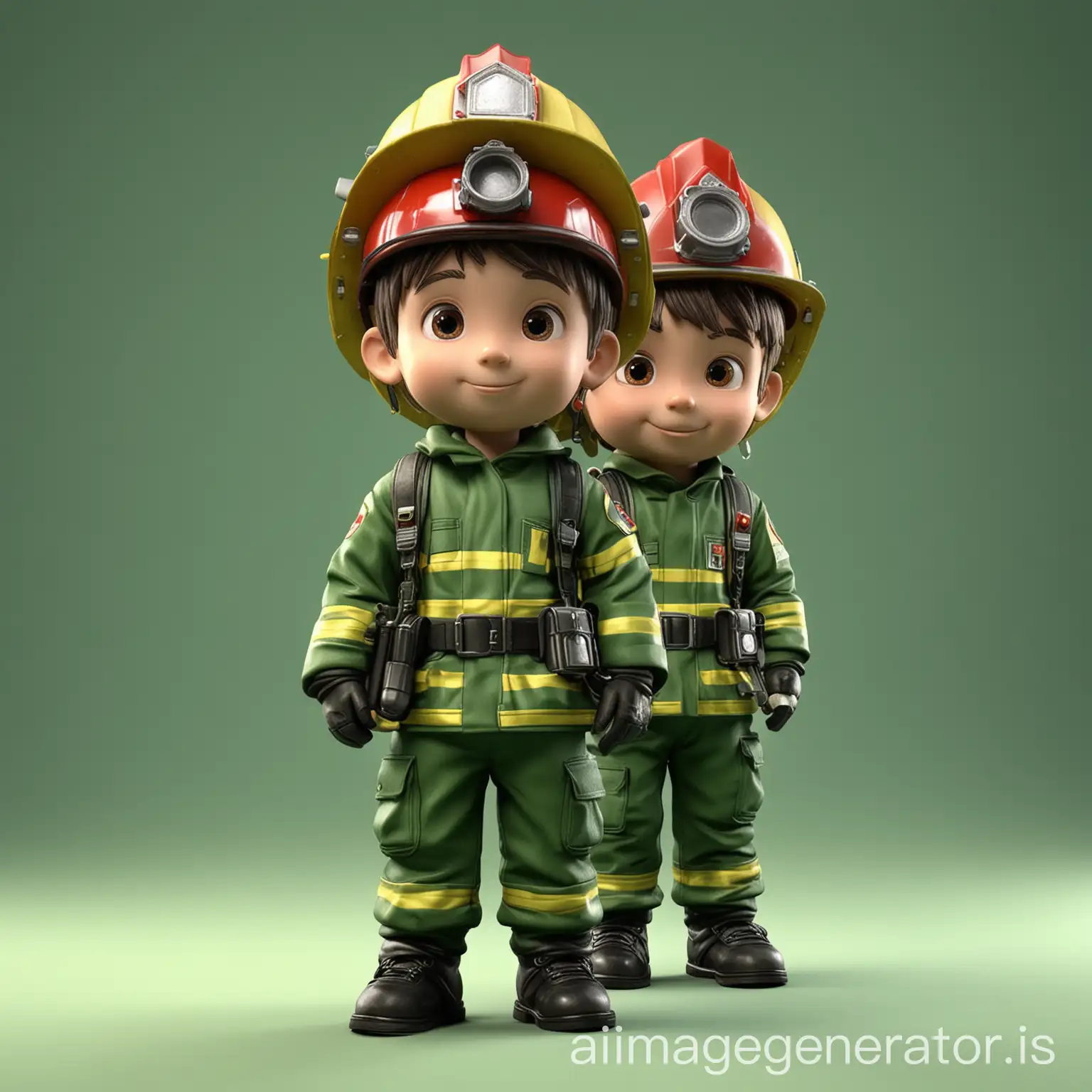 3d boy firefighters in green background