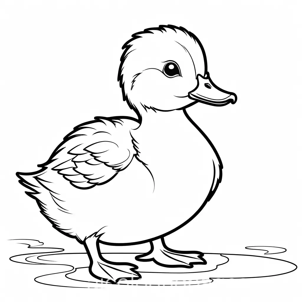 A cute duckling drawing without background, Coloring Page for young kids, black and white, line art, white background, Simplicity, Ample White Space. The background of the coloring page is plain white to make it easy for young children to color within the lines. The outlines of all the subjects are easy to distinguish, making it simple for kids to color without too much difficulty