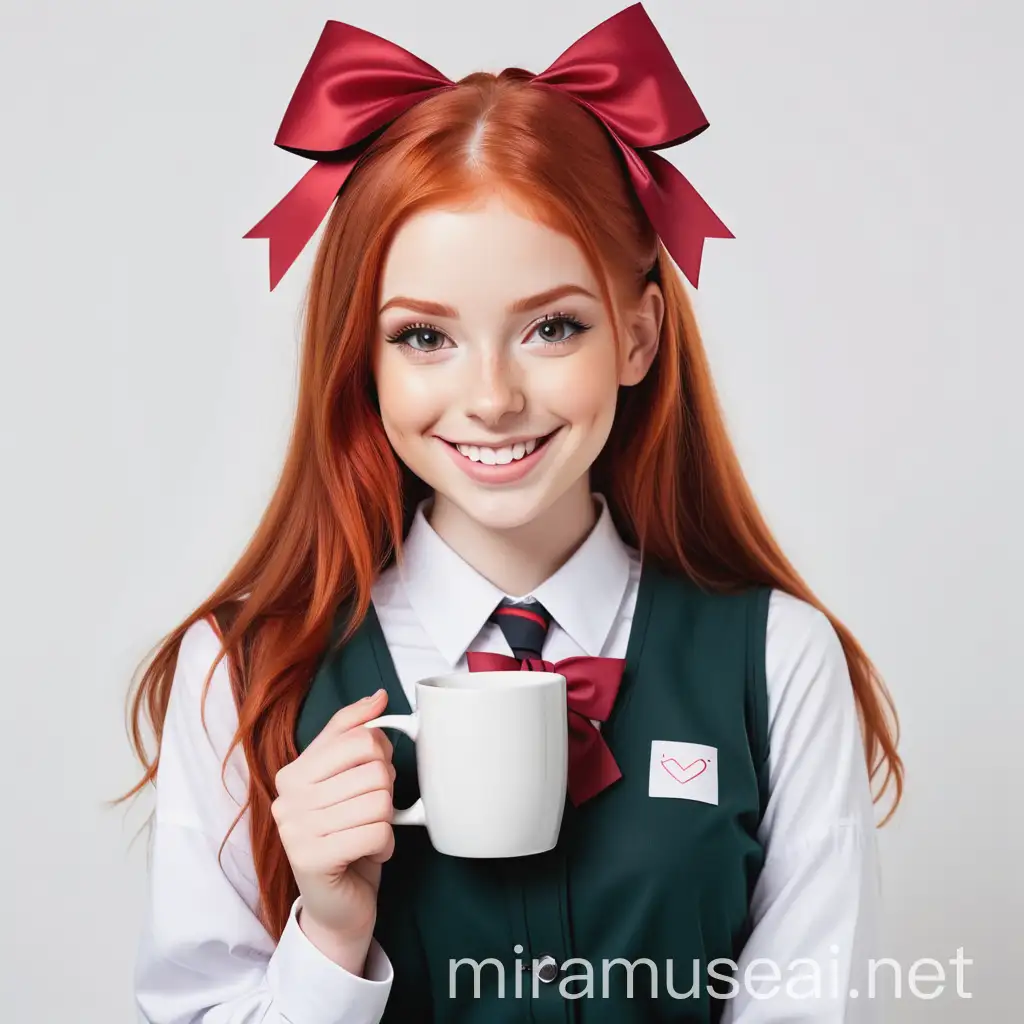 beautiful sexy redhead student in school uniform with bows smiling with square white mug on white background