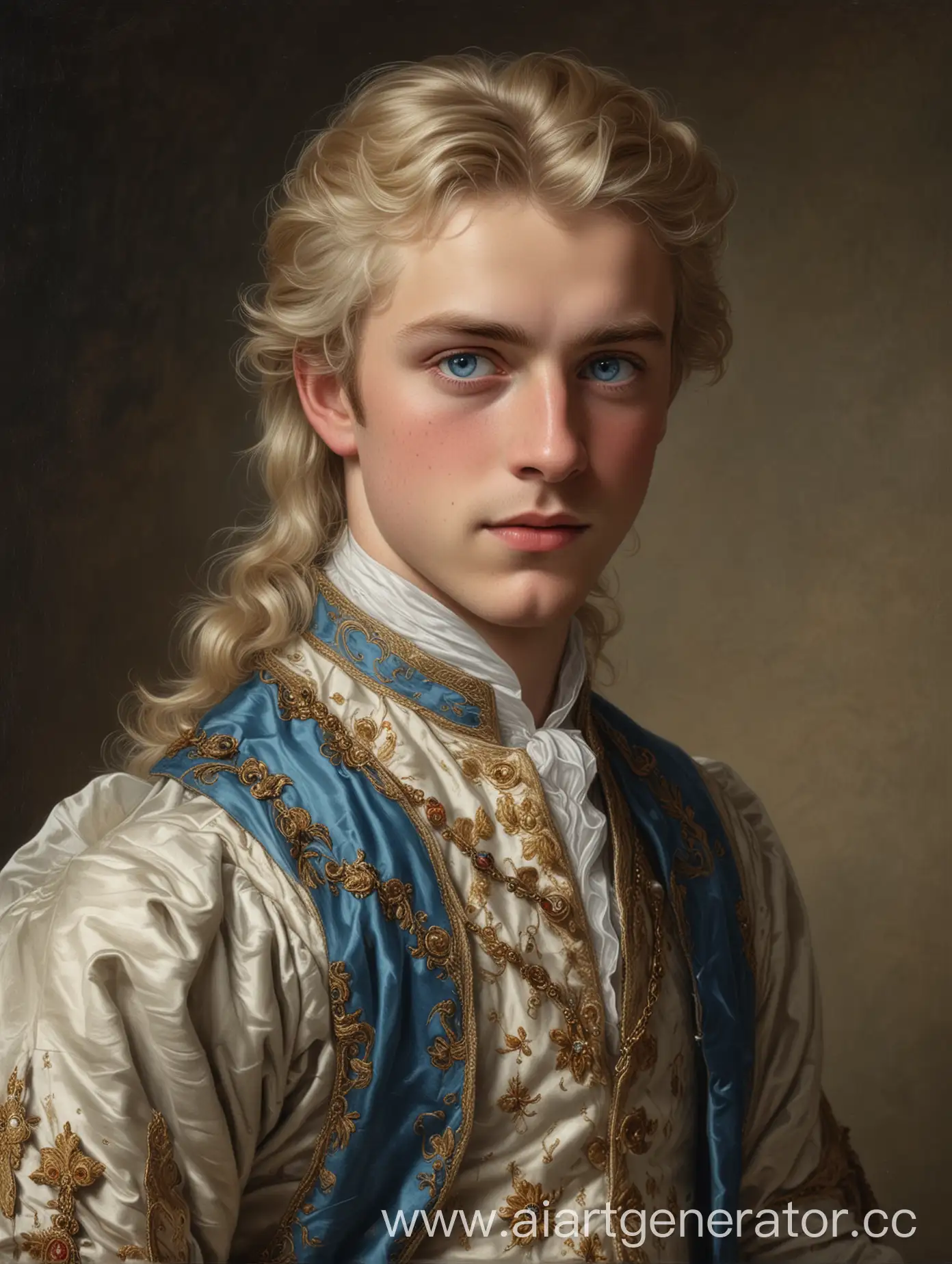 Молодой юноша, дворянин, богатого происхождения, светлые волосы и голубые глаза, в полный рост