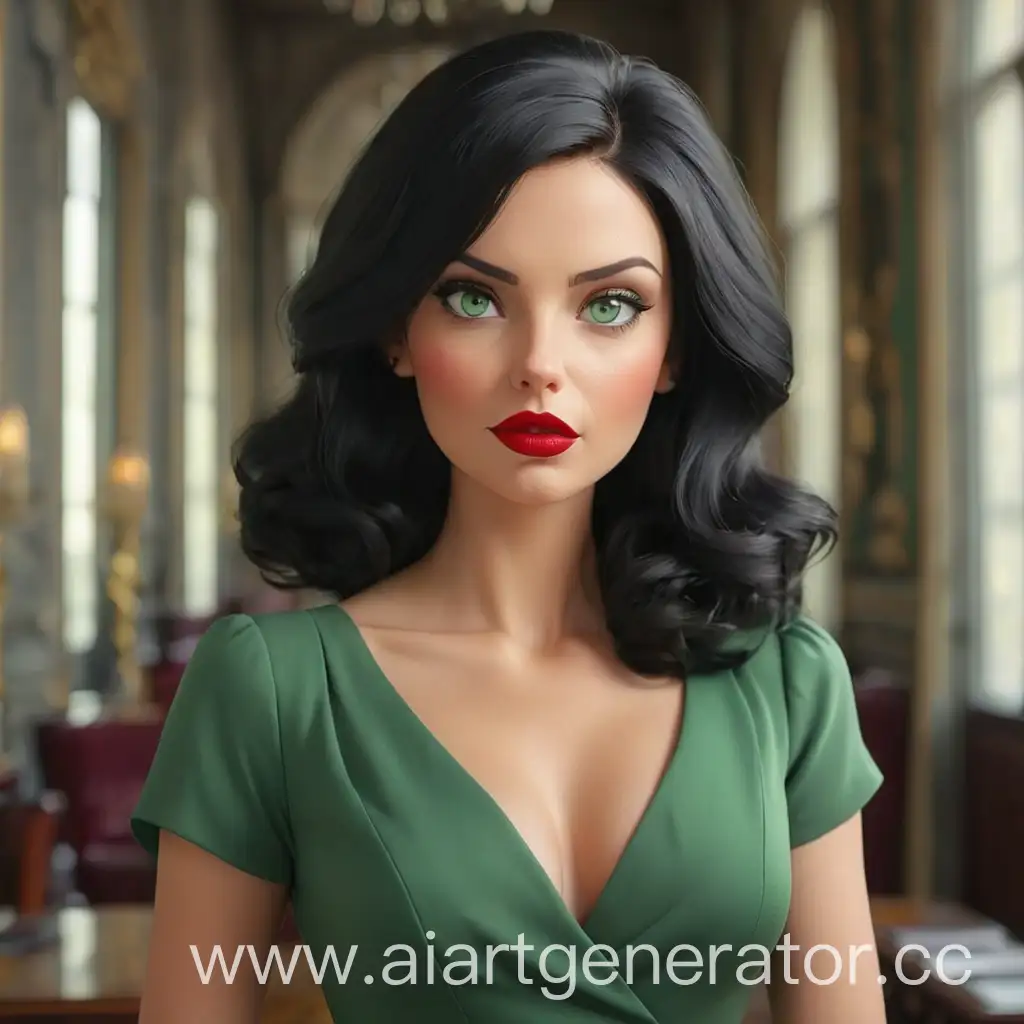 красивая деловая женщина с черными волосами и красными губами, зеленые глаза. бордовое платье. 