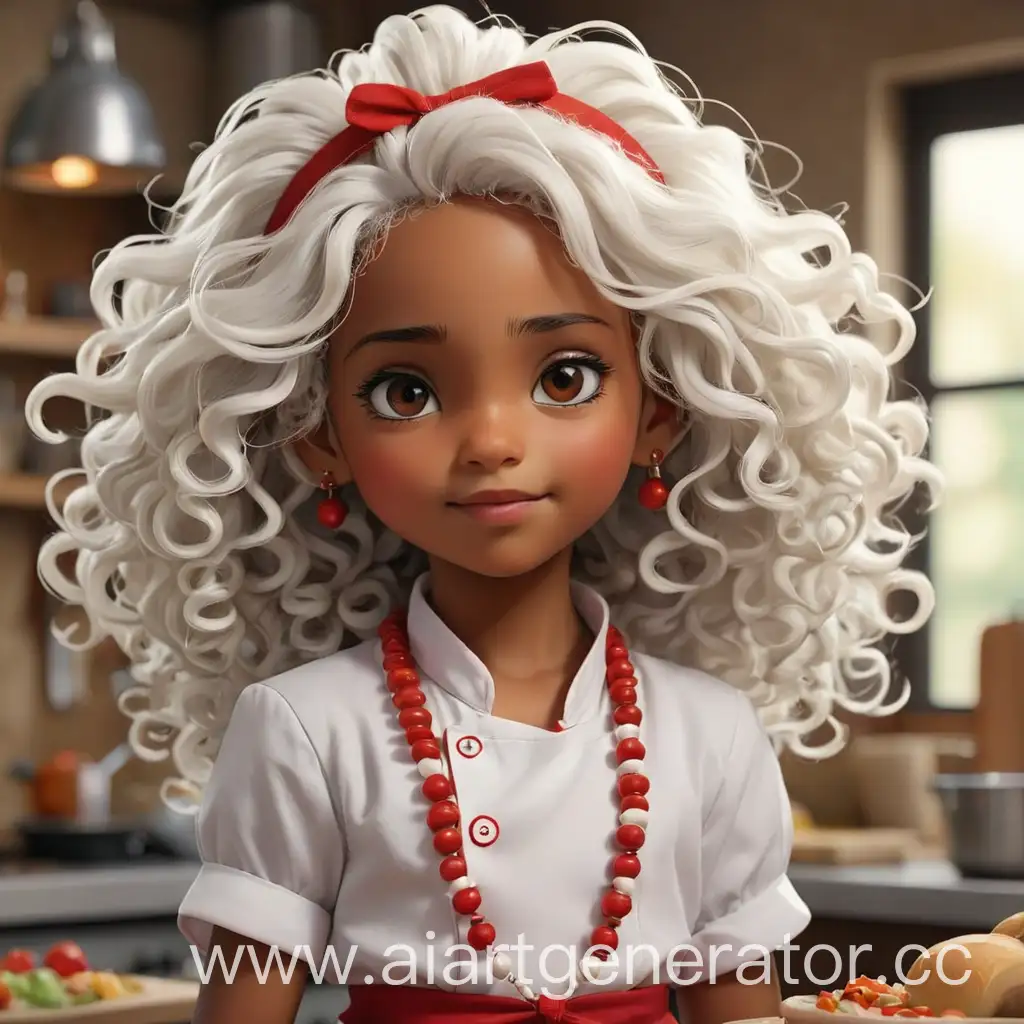 A very beautiful and attractive little girl with brown skin and long, curly white hair. She wears a red necklace and earrings. She is dressed as a chef.