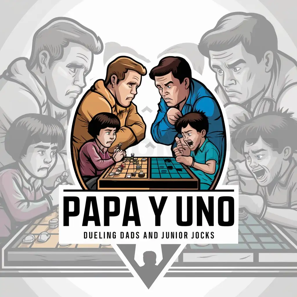 a logo design,with the text "Papa y Uno: Dueling Dads and Junior Jocks", main symbol:Dueling Fathers and Sons Playing board games,complex,clear background