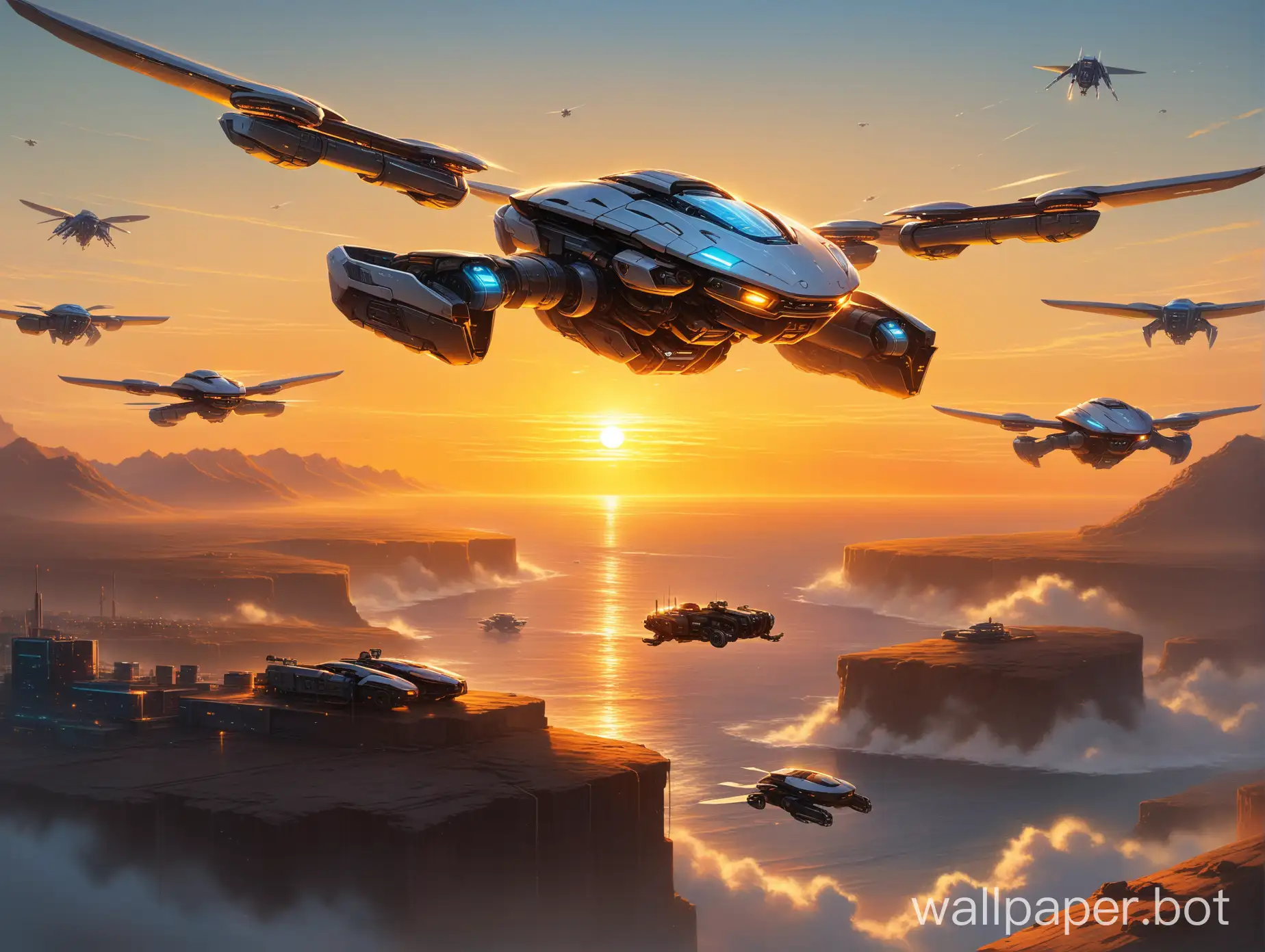 cyber, sunrise, masterpiece, realistic, high-resolution, robots, flying vehicles