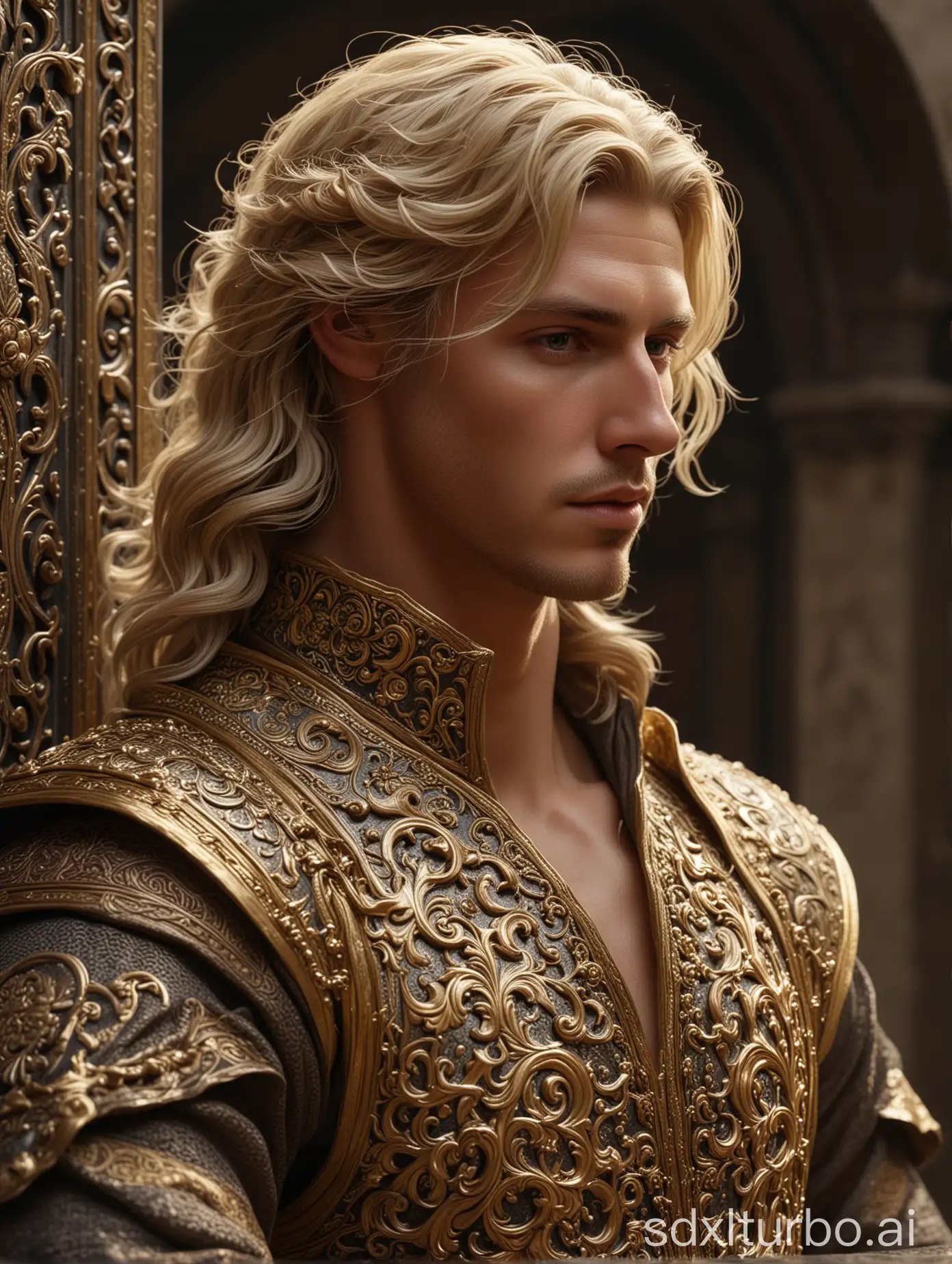 Elegant blond man, cascading wavy locks reaching his lower back, adorned in an intricate medieval costume, perfect composition, beautiful detailed intricate insanely detailed octane render trending on ArtStation, 8K, photorealistic concept art, soft natural volumetric cinematic perfect light, chiaroscuro, masterpiece, Greg Rutkowski