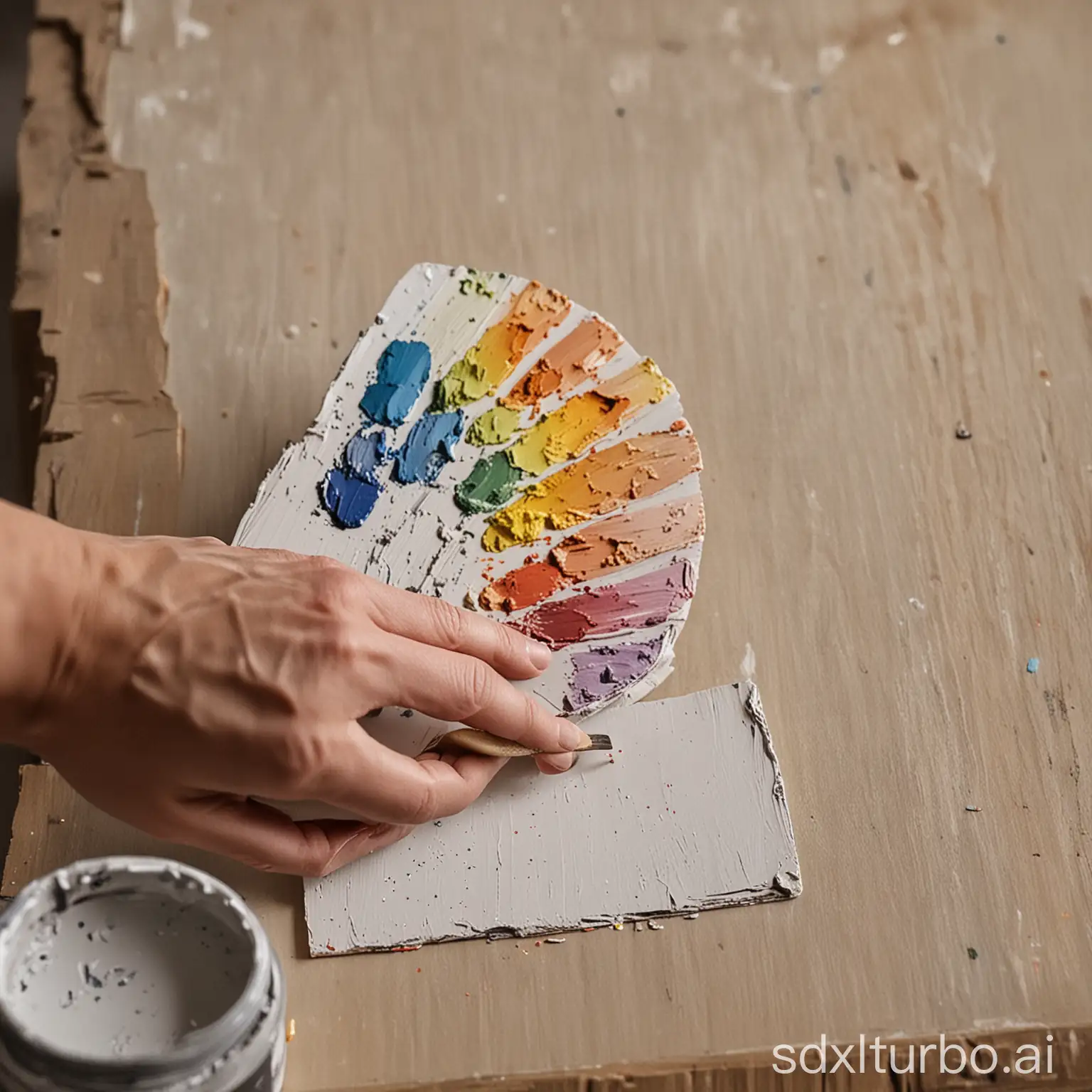 A hand holding a paintbrush, with a colorful paint palette in the background. The hand is about to paint on a blank canvas.