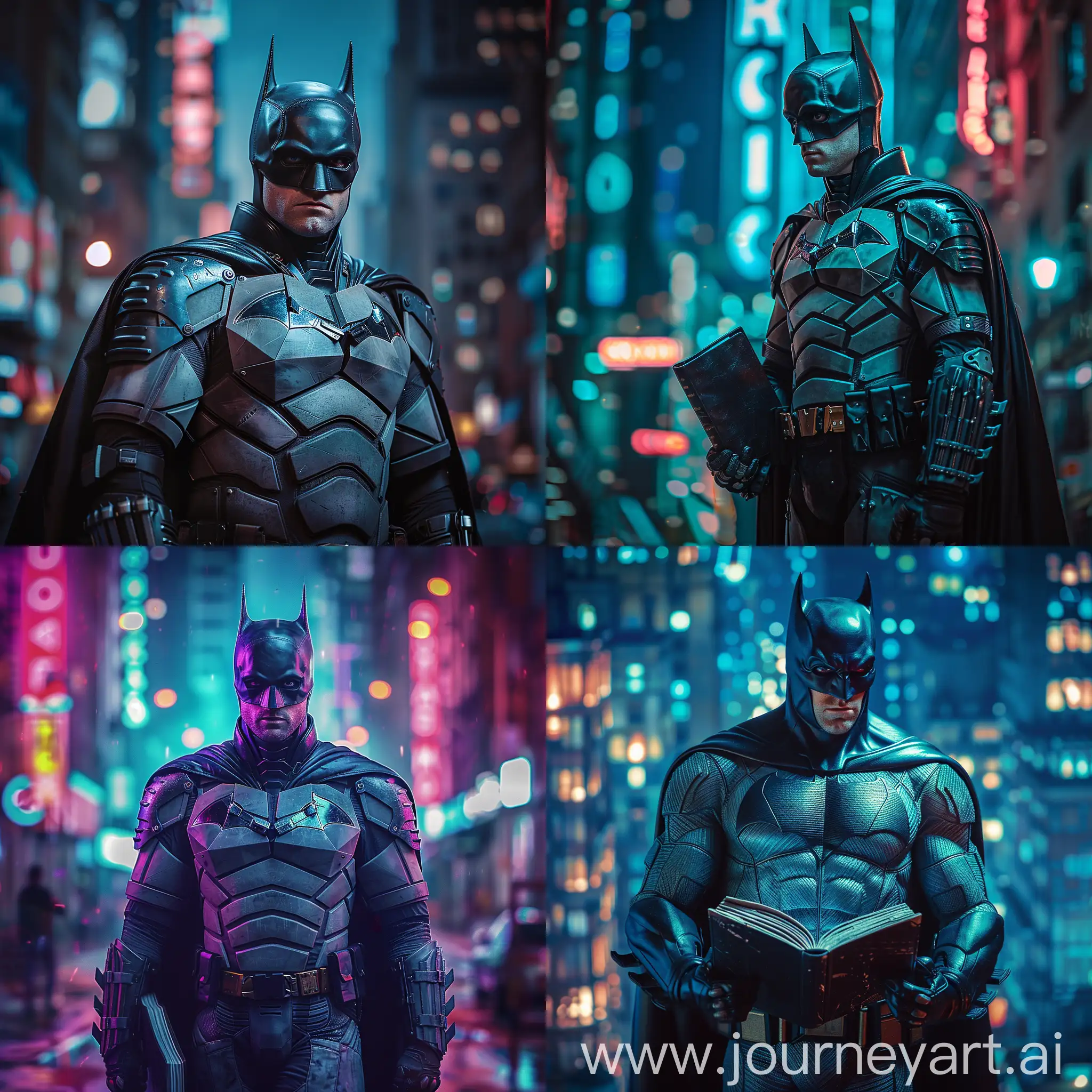 captivating cinematic portrait of unmasked Batman featuring the iconic superhero without his mask. Imagine Batman standing against the backdrop of a cityscape at night, with a subtle lens flare highlighting his determined expression. To add a unique twist, dress Batman in his signature costume but have him wear a stylish high-school backpack, symbolizing his intelligence and dedication to learning. In his gloved hand, have Batman hold an open book, a metaphor for his commitment to justice and continual growth. Enhance the overall atmosphere with vibrant neon lights strategically placed throughout the scene, casting an enchanting glow and accentuating Batman's presence as a nocturnal vigilante