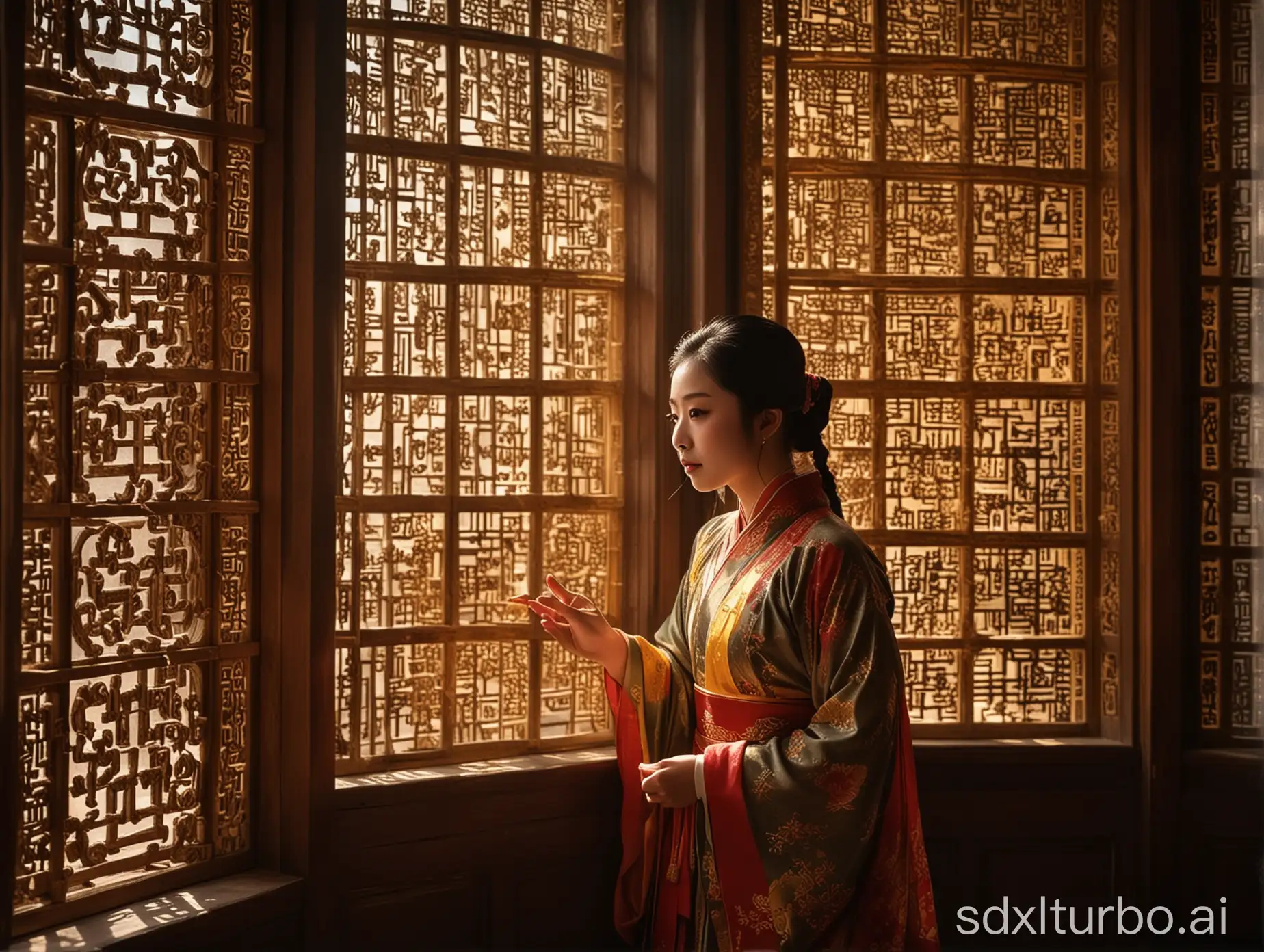 Inside an ancient study filled with the scent of books, a beam of warm light filters through the intricately carved wooden lattice windows, casting a pattern on the dust-laden sunbeams, creating an atmosphere of classical tranquility. A Chinese opera actress in a resplendent Huangmei opera costume adorned with gold thread and vibrant colors stands in the interplay of light and shadow. Her gaze is determined and soulful, as if narrating the story of "Unexpectedly Becoming the Top Scholar" from the opera "The Female Imperial Envoy." Her posture is elegant, and her gestures are delicate, resonating with the surrounding bookshelves and scrolls, showcasing the charm of traditional art.
