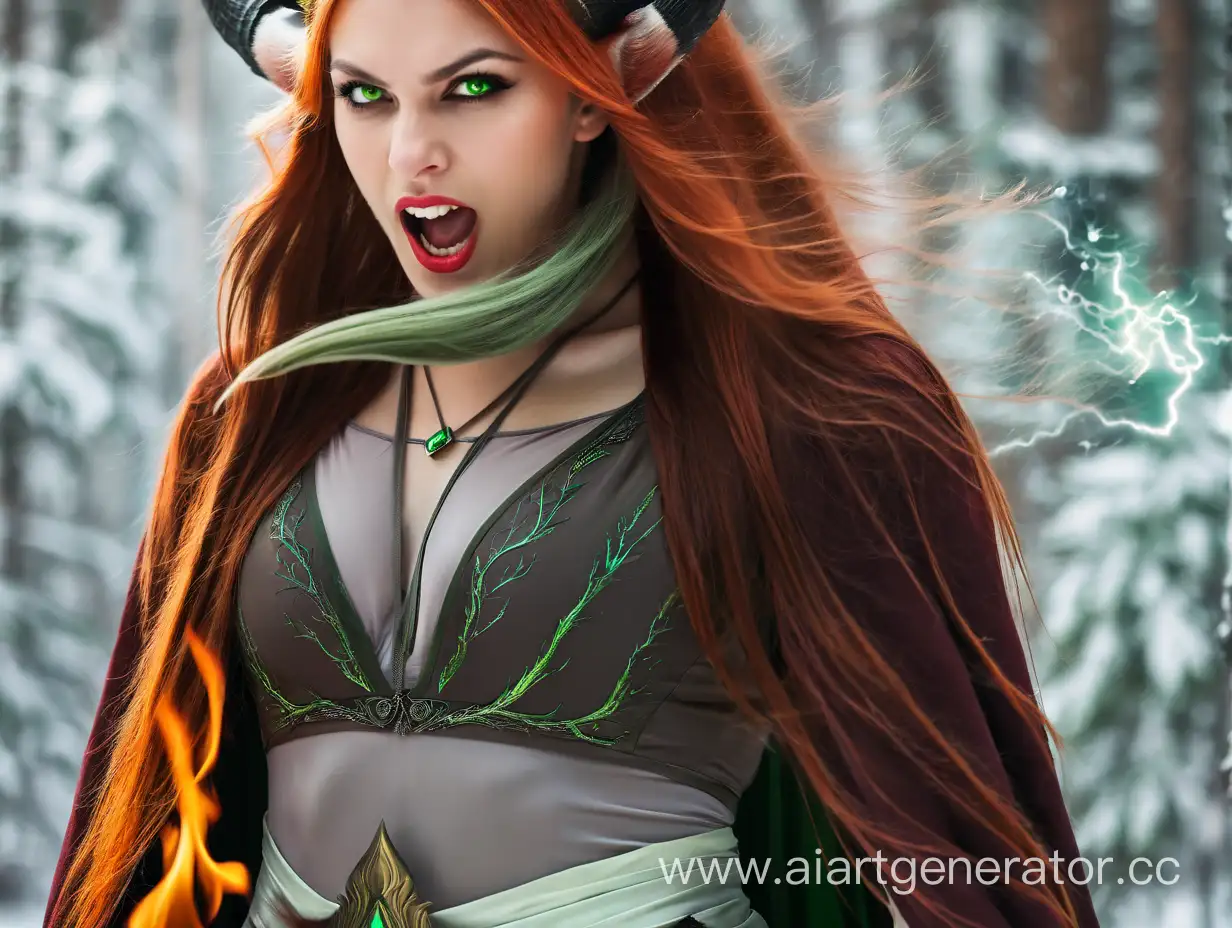 Злая очень красивая русская девушка бландинка красавица вампир оборотень с длинными прямыми зелёными волосами с зелёными Свитащими глазами с большими рогами на голове богиня магии огня и молнии в сильное ярости жигает лес 