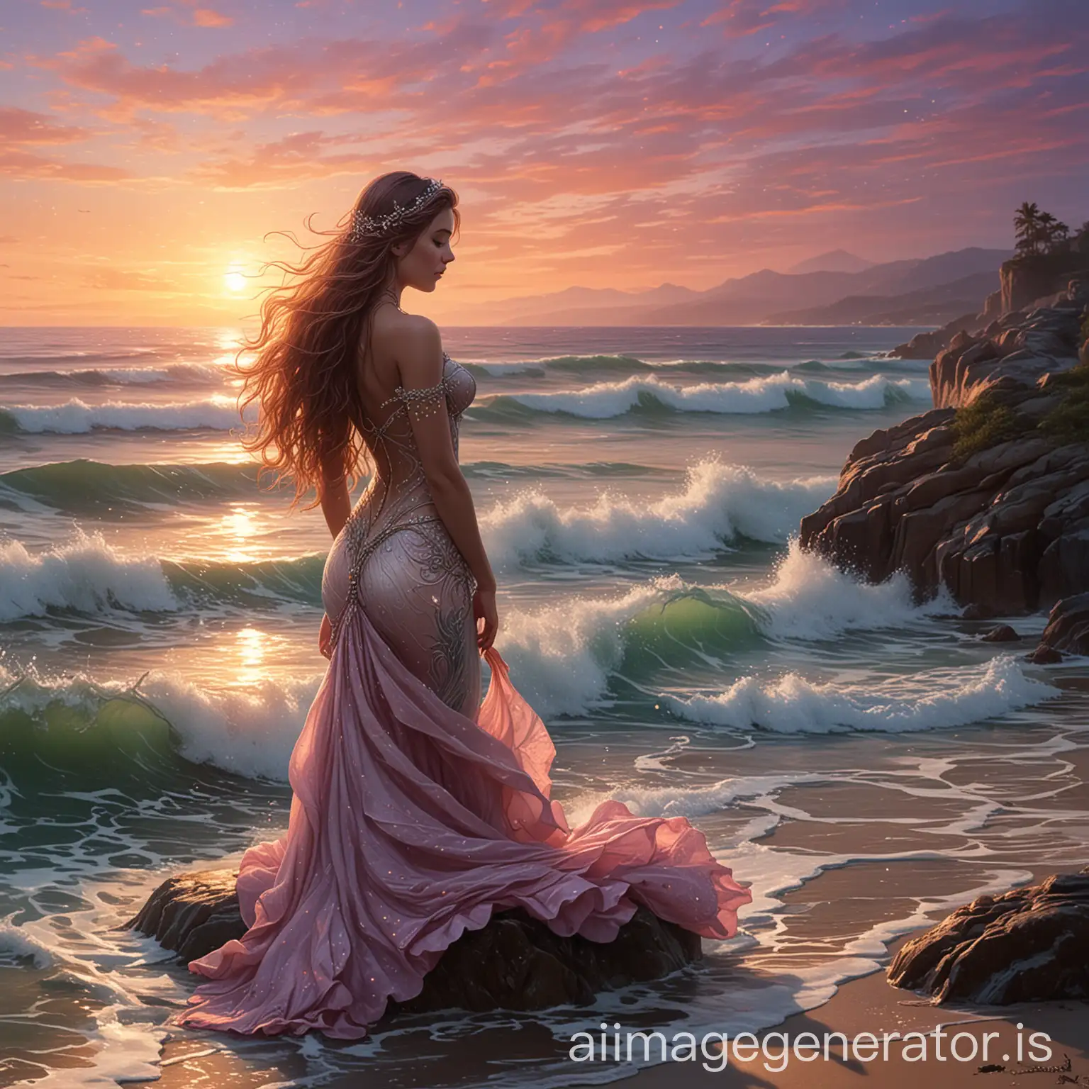 Twilight-Encounter-Mermaid-and-Human-Girl-by-the-Serene-Beach