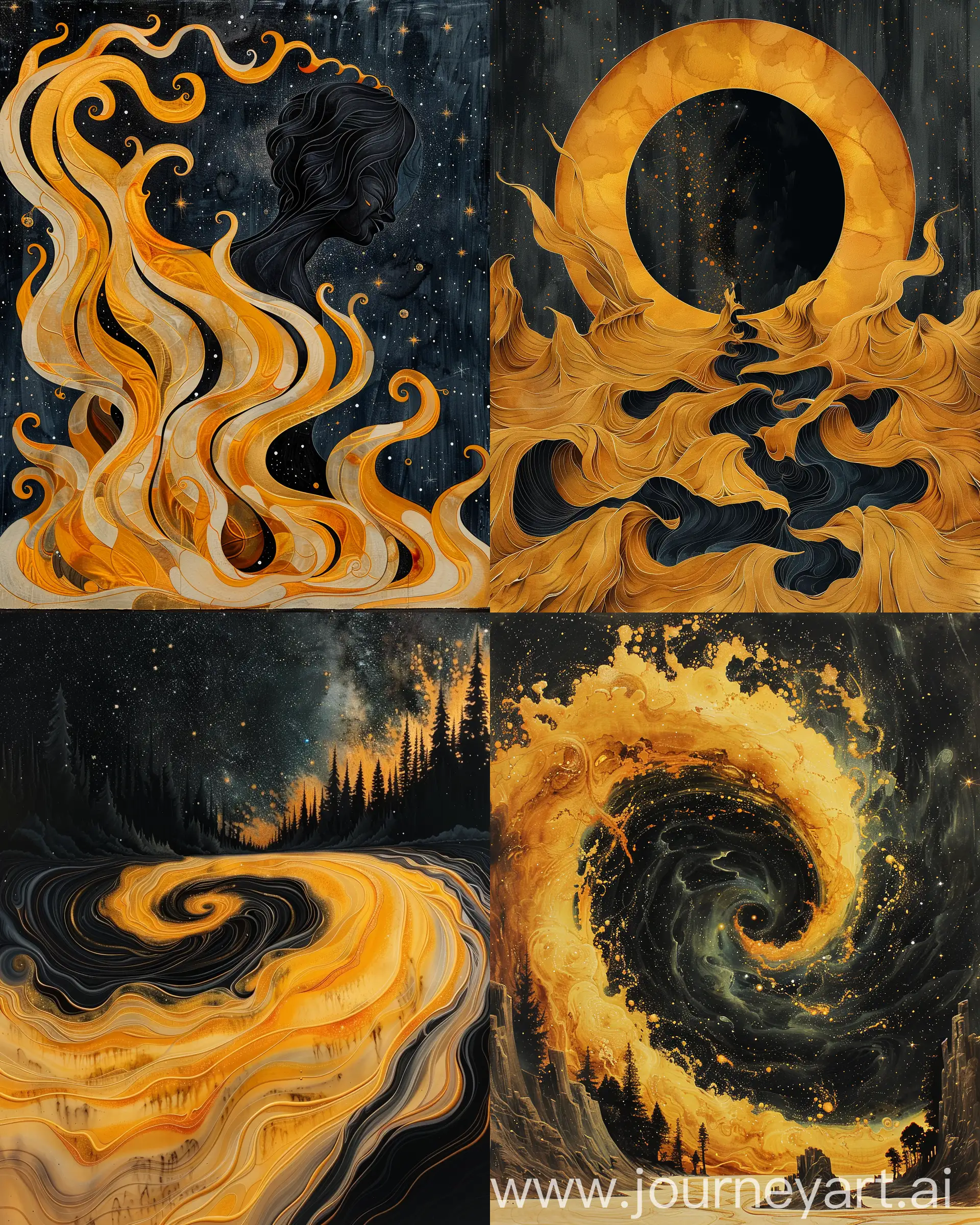 Aesthetic interpretation of a black hole with yellow and black swirling accretion disk, cosmic event horizon, starfield backdrop, in the style of Art Nouveau with flowing lines and elegant forms --ar 4:5 --s 700 --c 15 --relax --v 6