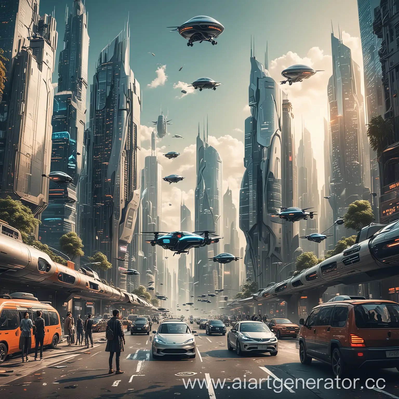 Изображение футуристического города с небоскребами и летающими автомобилями на заднем плане. На переднем плане группа людей, использующих различные устройства с поддержкой ИИ, такие как смартфоны, планшеты и очки дополненной реальности. Все смотрят в одном направлении, в будущее.
