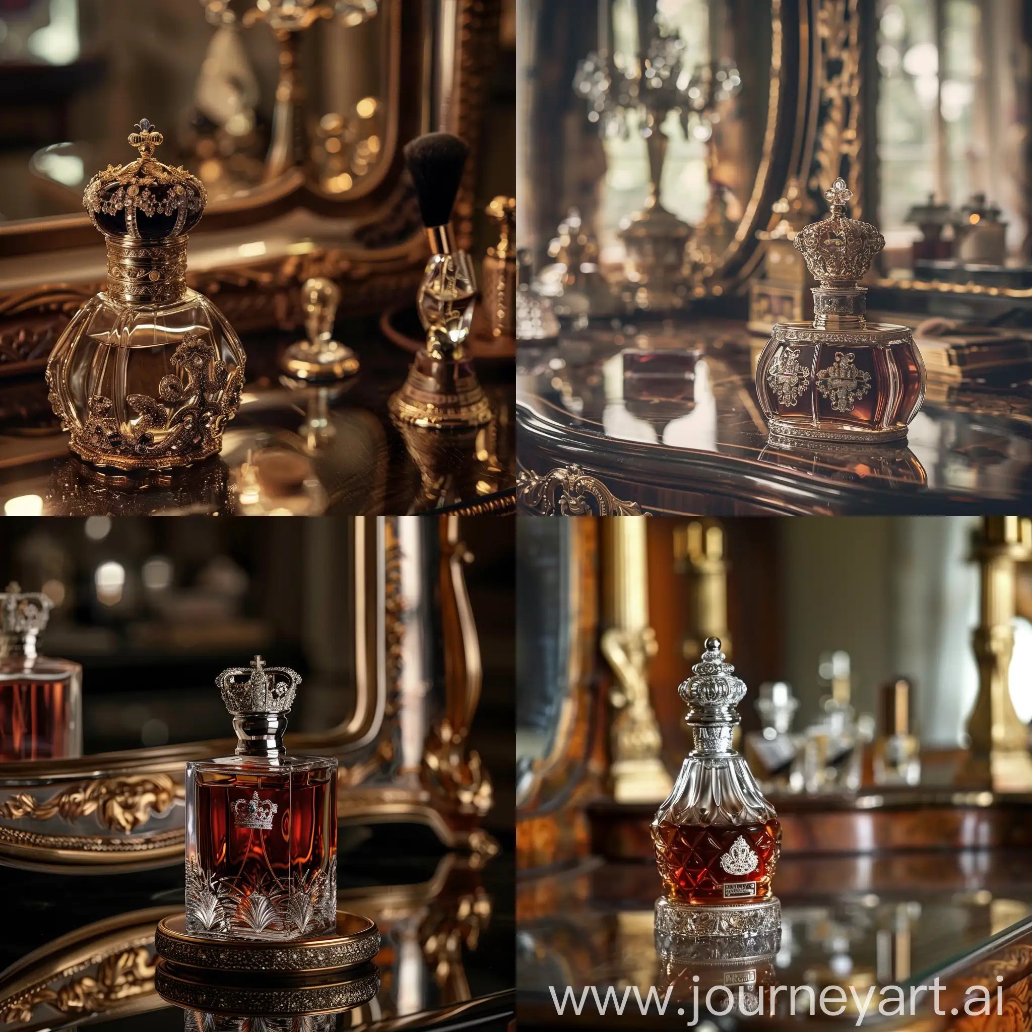 Real photo, random of a beautiful royal perfume on a beautiful dressing table, photography masterpiece, great, beautiful