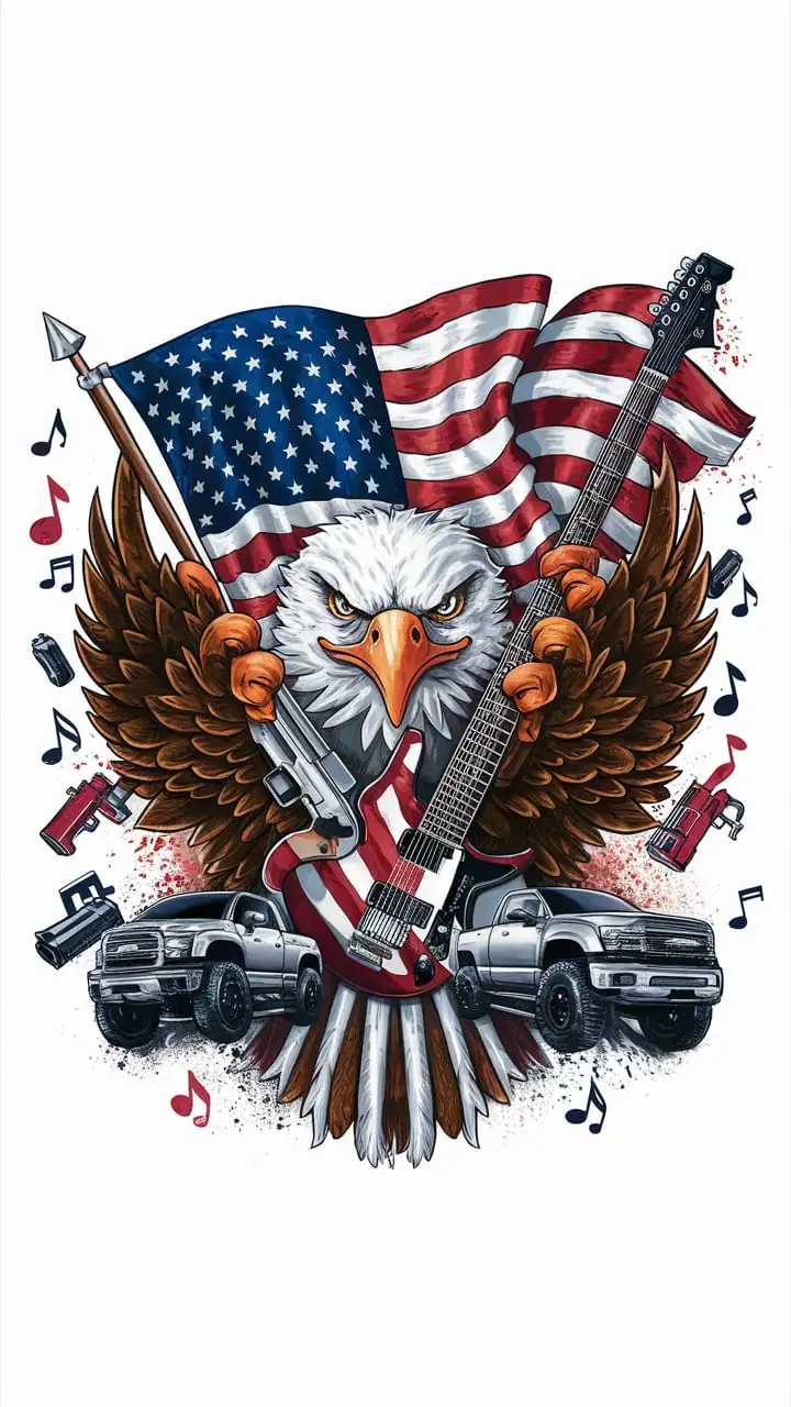 Patriotic Logo with Eagle American Flag Guns Pickup Trucks and Rock and Roll