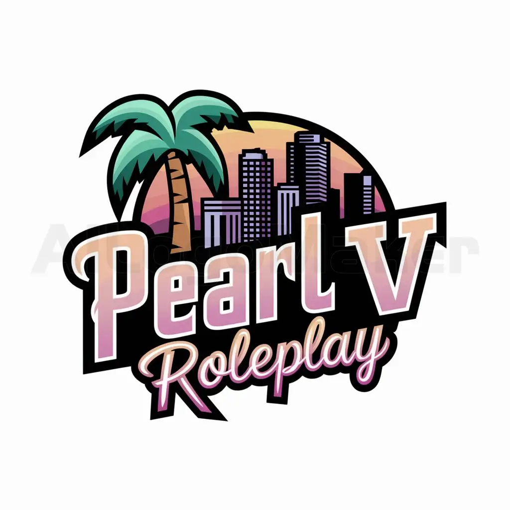 a logo design,with the text "Pearl V Roleplay", main symbol:palm tree and downtown miami, purple and pink color matching sunset background, and more classic font gta vice city style roleplay fivem, colorful text,Moderate,clear background