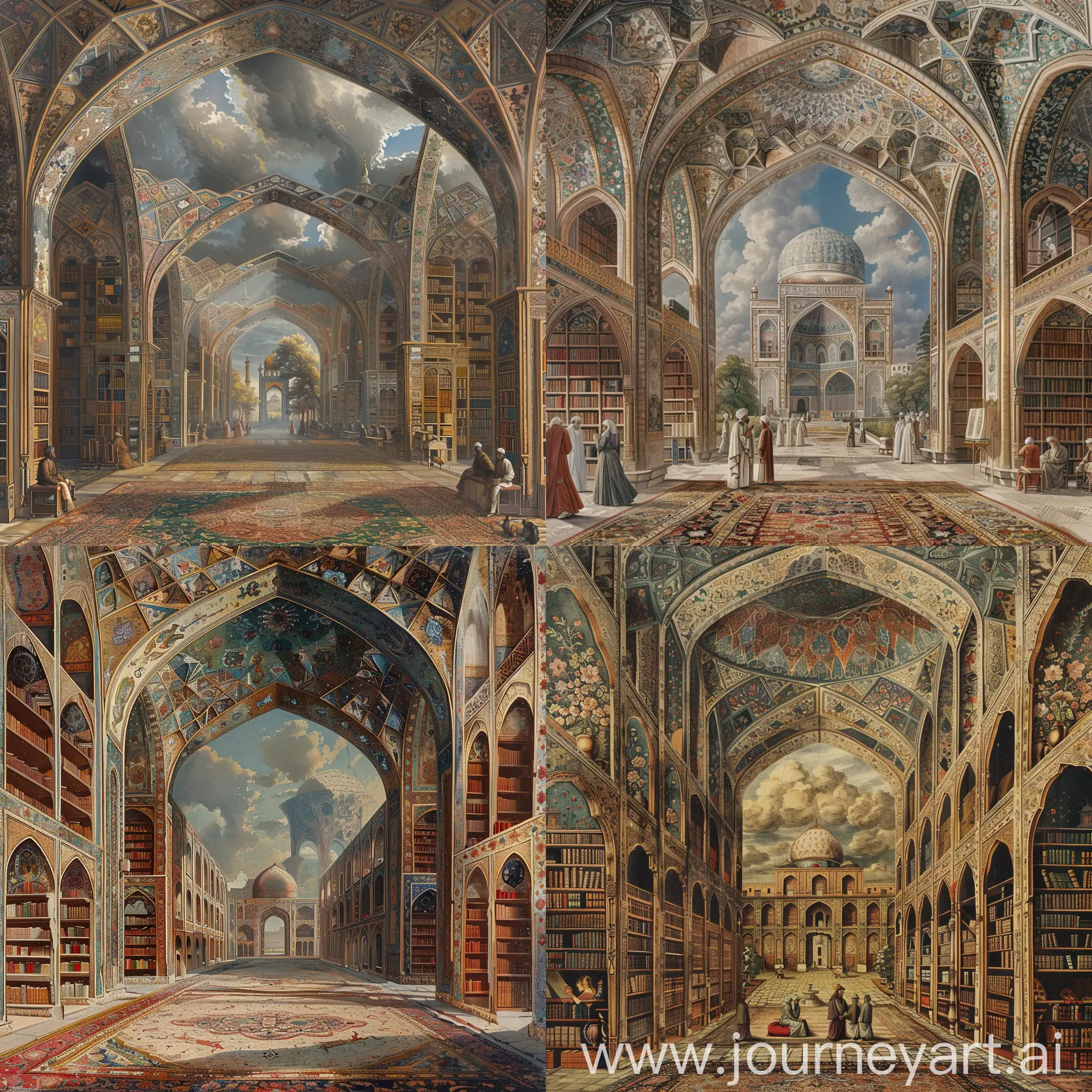 A huge medieval mughal hall, full of arab philosophers, Mughal arches throught the arched hall, Persian floral designs on spandrels, cloudy sky, view of a small mosque outside the hall, persian carpet on floor, arabian bookshelves with scrolls and books --ar 4:3 --v 6 --sref <https://i.postimg.cc/gYLxt27G/IMG-20240607-133650.jpg> --sw 1000 --q 1